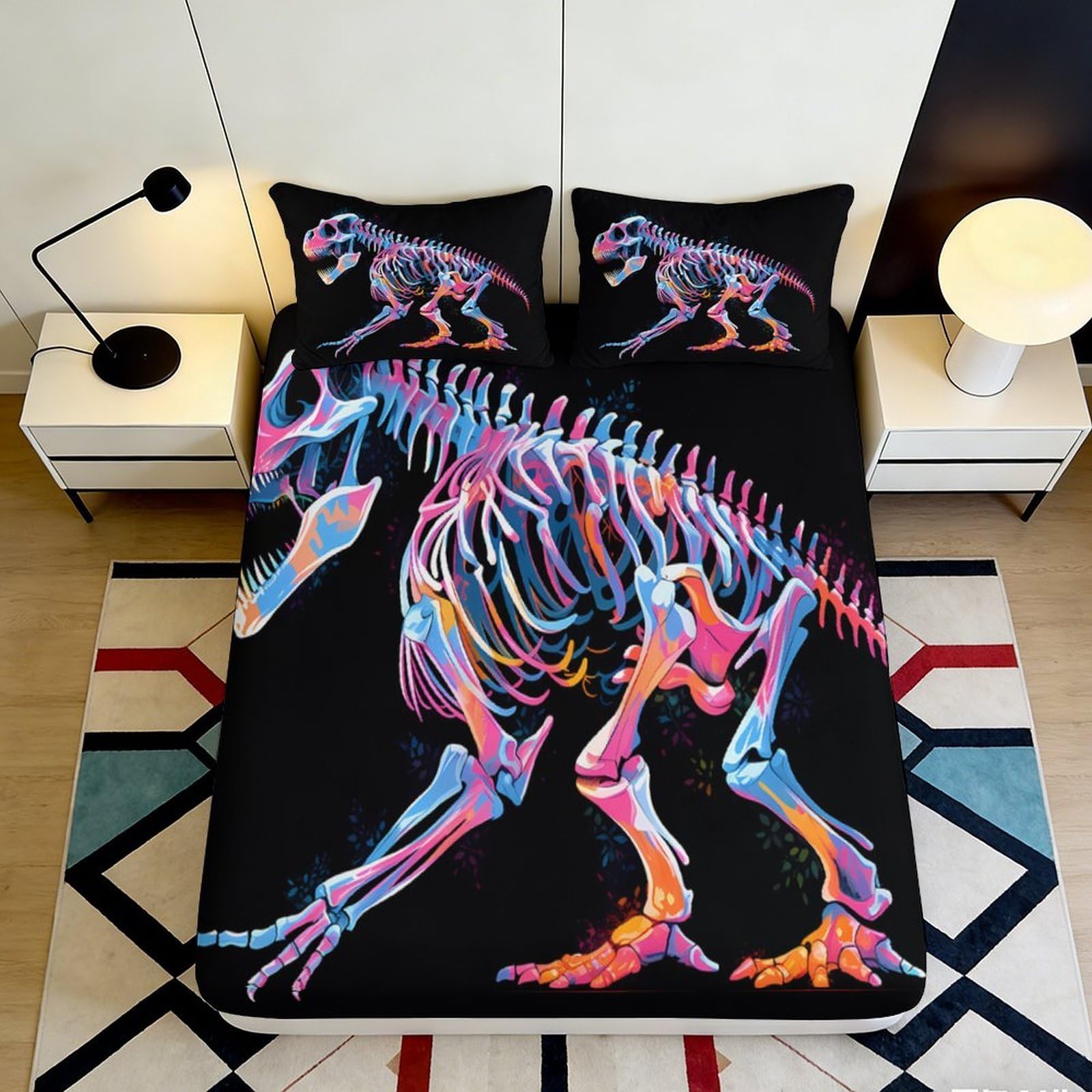 3D Printed Dinosaur Skeleton Fitted Sheet Microfiber Deep Pocket Non-Slip Bedroom Bedding Dinosaur Mattress Fitted Cover Washable 200x200x25cm