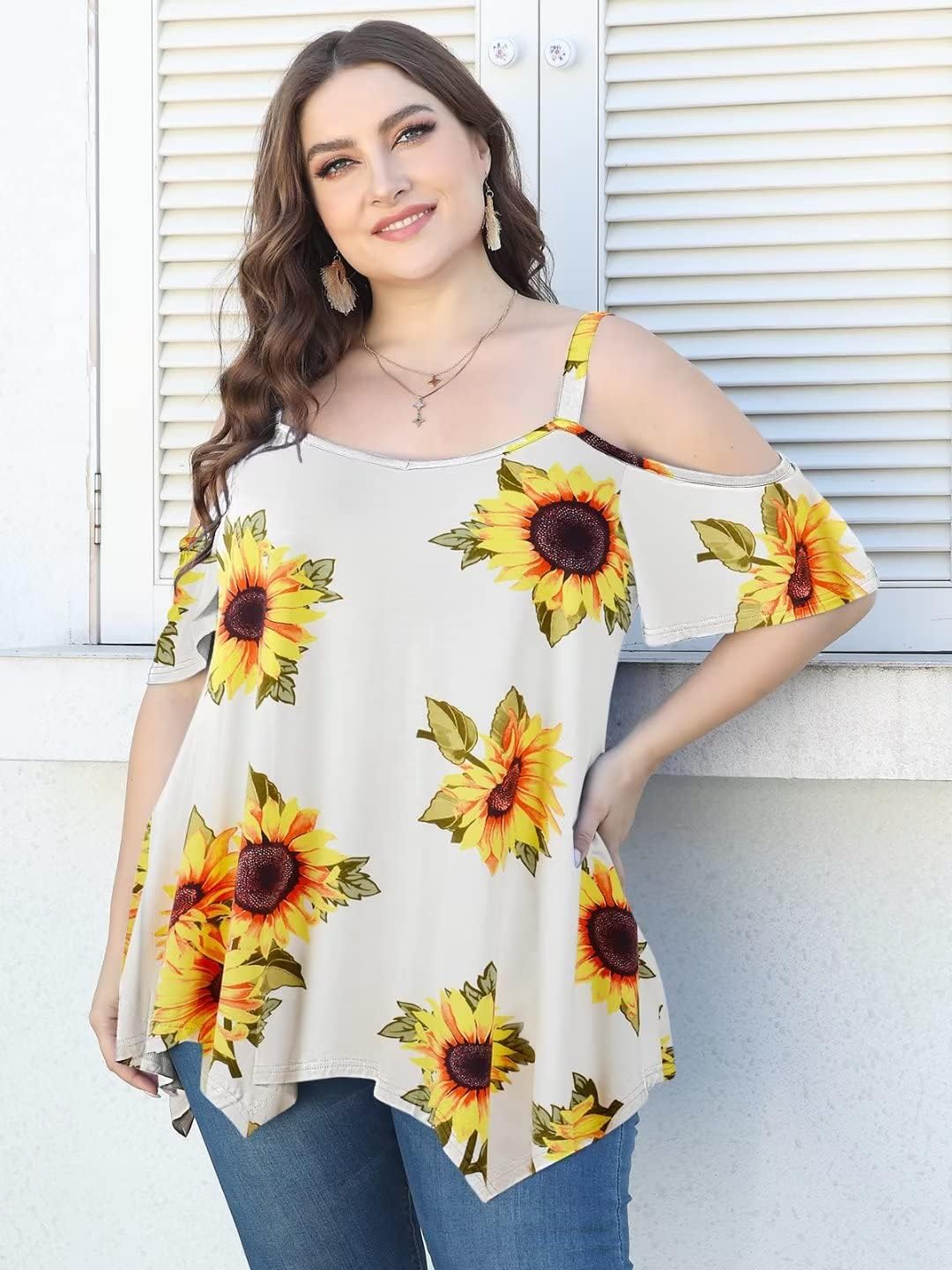 LARACE Cold Shoulder Tops for Womens Summer Clothes Spaghetti Strape Tunic Oversized Shirts Asymmetrical Plus Size Blouse - Image 5