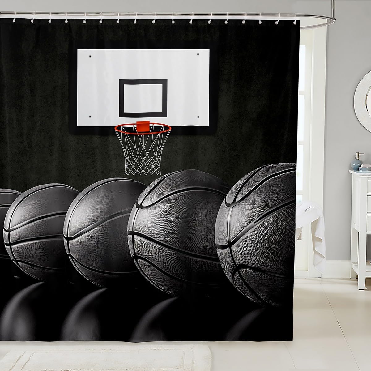Erosebridal Boys Black Basketball Shower Curtain for Bathroom 72" Wx72 L Sports Gaming Shower Curtain Kids Teen Basketball Hoop Bathroom Decor Set