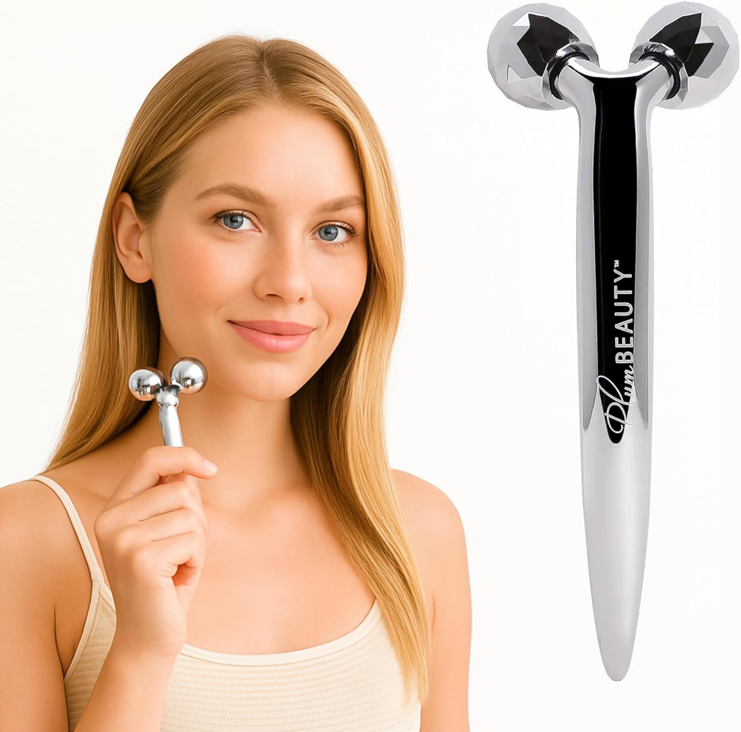 Plum Beauty Contouring Face Roller – Skin Care Face Massager Tightens & Tones Skin Appearance, Improves Complexion, and Reduces Aging & Wrinkles, Silver