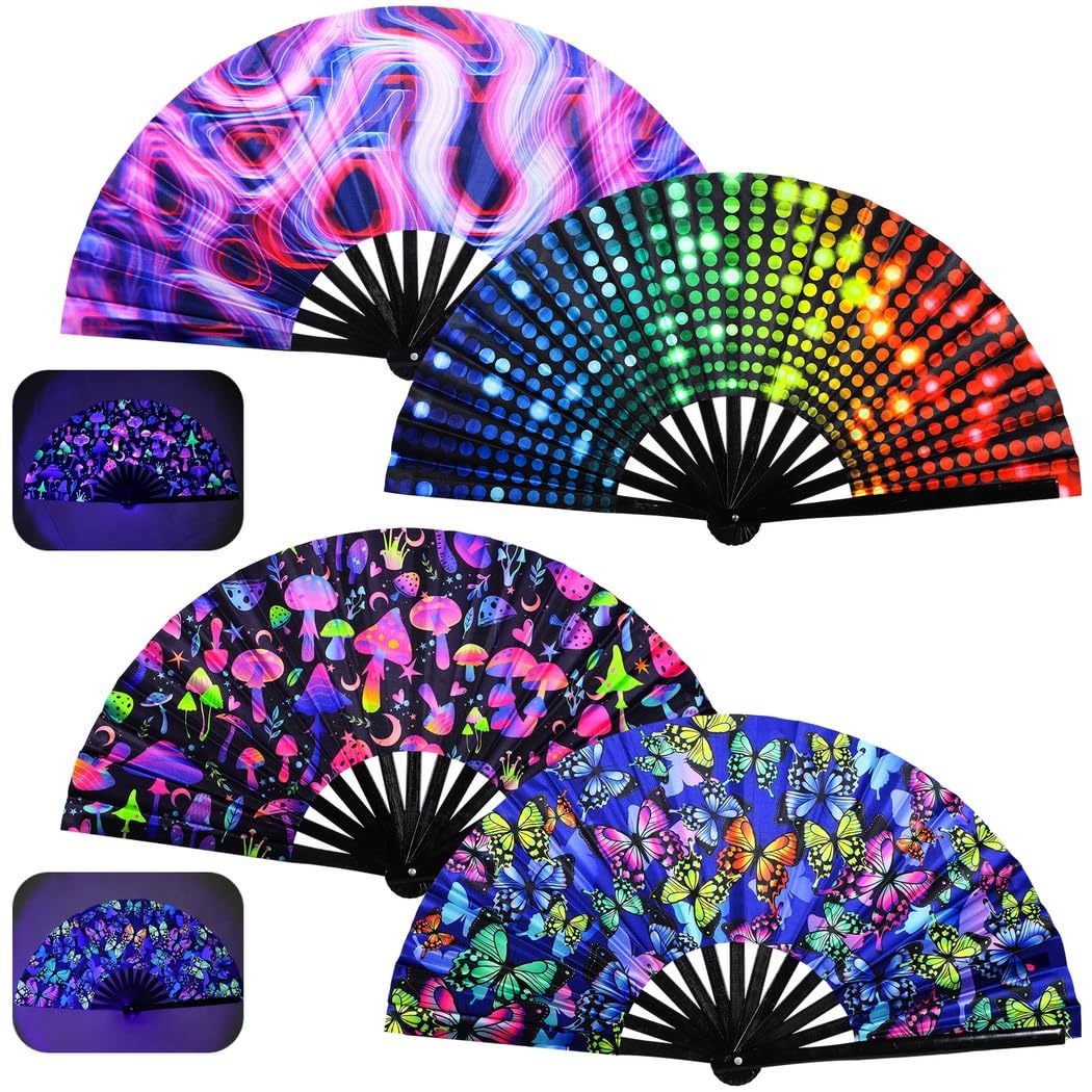 Lot de 4 éventails pliants lumineux, éventail clack fluorescent à main, grand éventail rave portable pour l’été, en bambou, pour fêtes, carnavals, mariages, concerts et spectacles sur scène