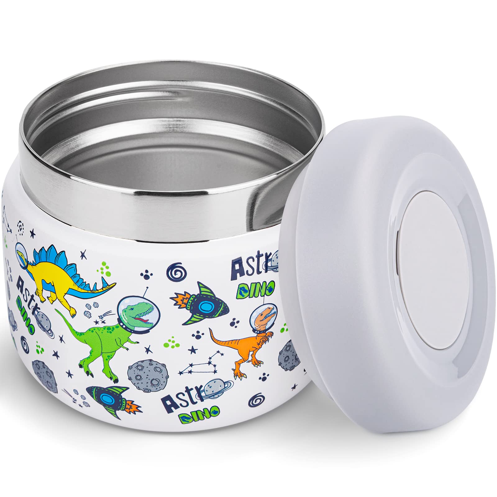 Charcy 9oz Kids Stainless Steel Vacuum Insulated Food Jar, Wide Mouth Leak-Proof Soup Thermos, Container Set for 8h Hot and 6h Cold - White Dinosaur