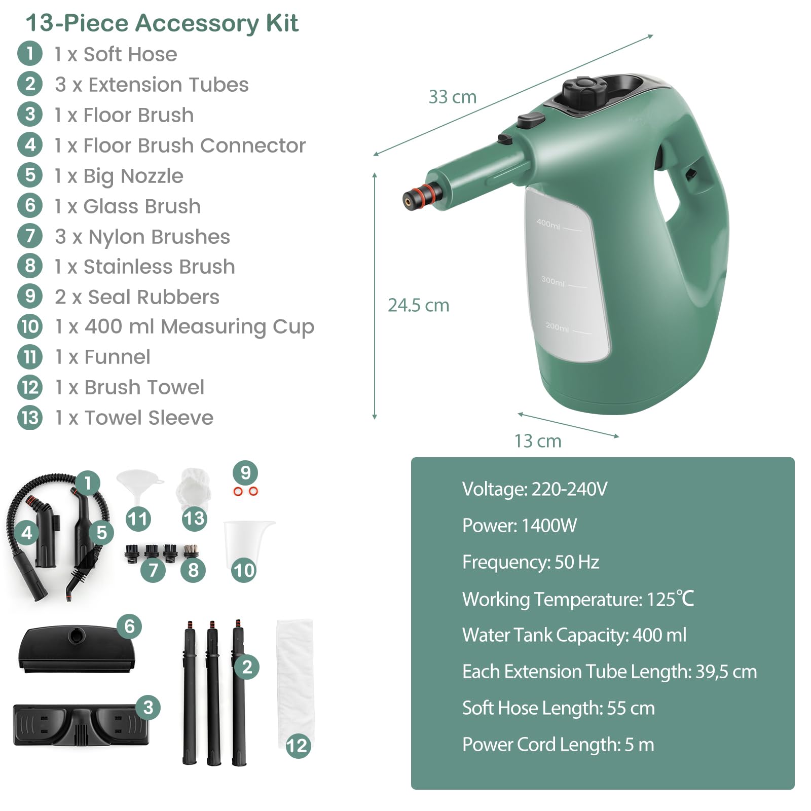 SOARS limpiador a Vapor con 14 Accesorios, Limpiador de Vapor: 2 bar, máx. 125 ℃, Listo en 1 Min, Potente 1500W, Depósito: 400ML, para Alfombras, Suelos y Ventanas (Verdor)