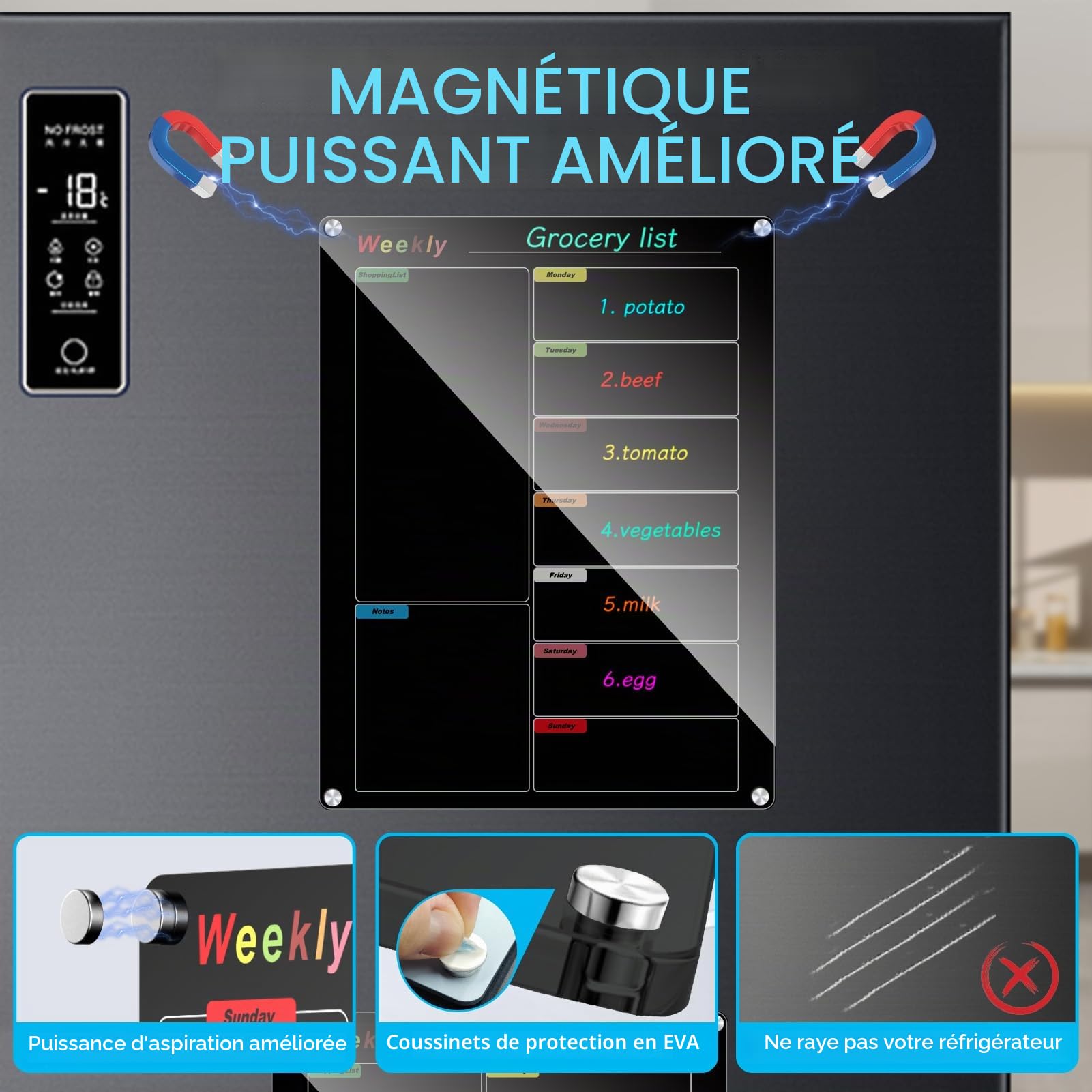 Calendrier de réfrigérateur magnétique en acrylique effaçable à sec avec 6 marqueurs de couleurs (noir, hebdomadaire, 40 x 30 cm)