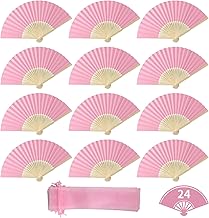 lalago 24 Pieces Pink Folding Hand Fan with Organza Bag, Cheap Fans for Weddings, Personalised Fans for PAI PAI for Weddings