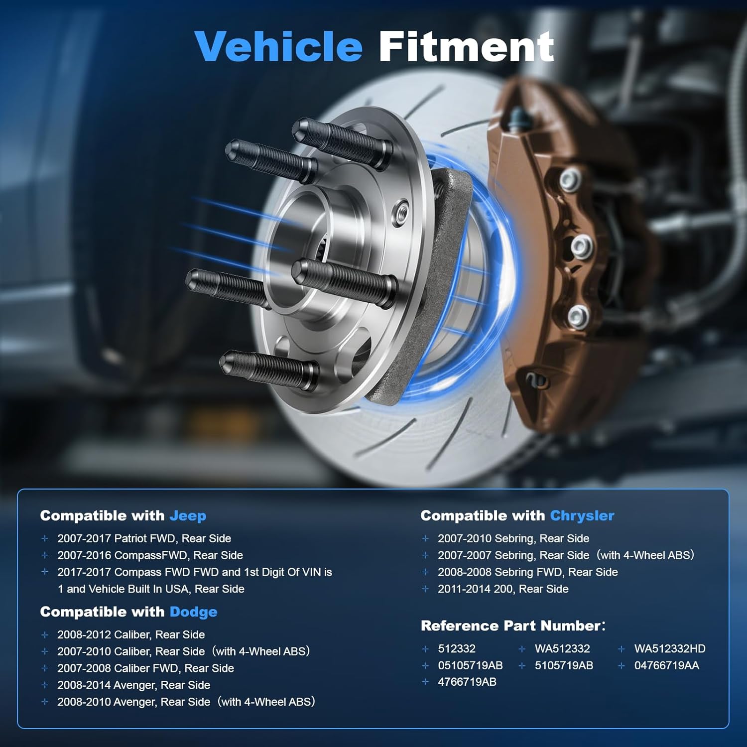 Anytek Rear Left & Right Wheel Bearing and Hub Assembly for Jeep Compass Patriot 2007-2017 for Chrysler 200 Sebring 2007-2014 for Dodge Avenger Caliber 2007-2014 Replace# 512332 Passenger & Driver