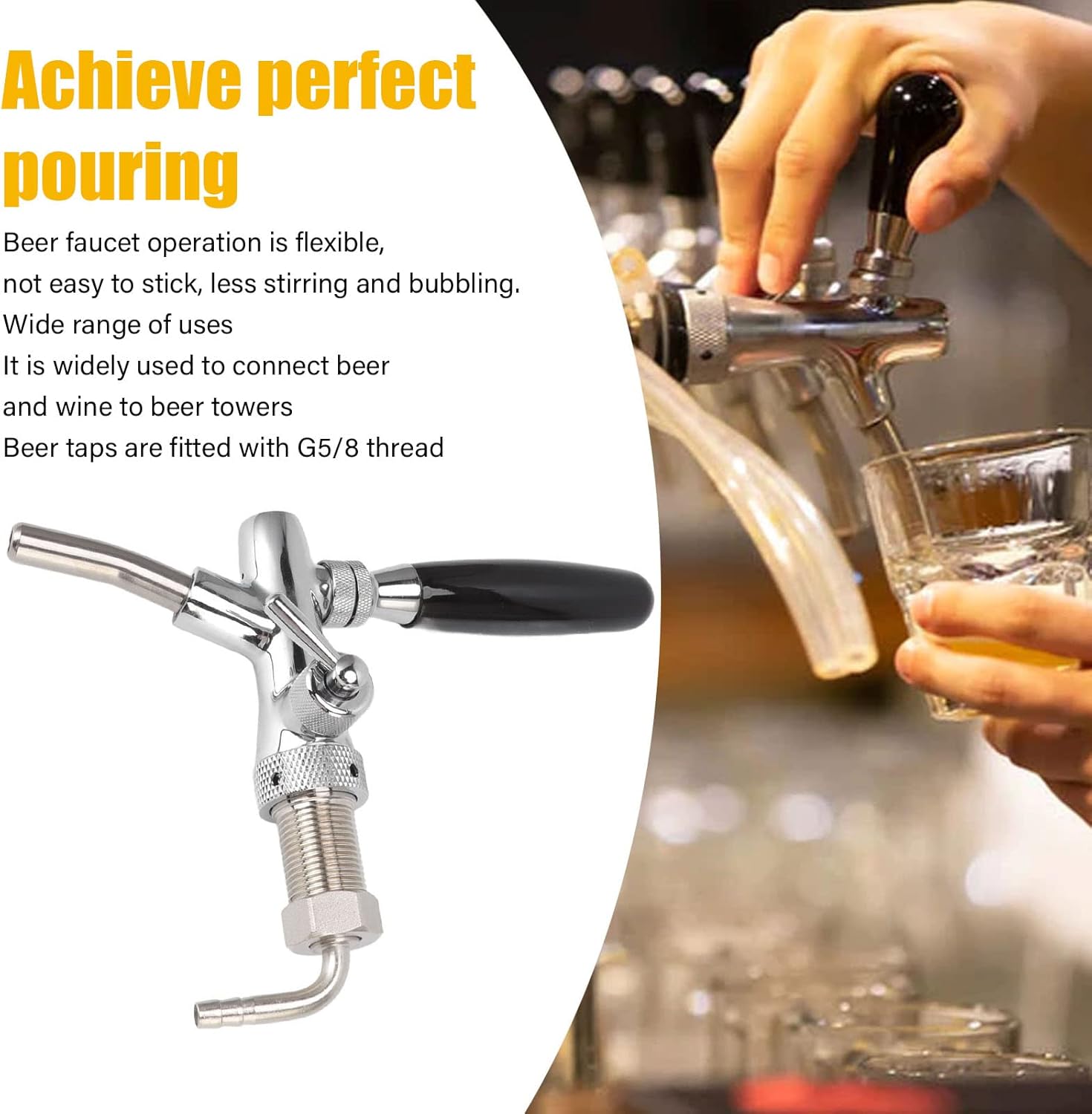G5/8 Beer Tap Faucet, Stainless Steel 304 Draft Beer Dispenser Faucet, Beer Flow Control Tool with Smooth Pour Design for Bar Homebrew Kegerator Beer Tower