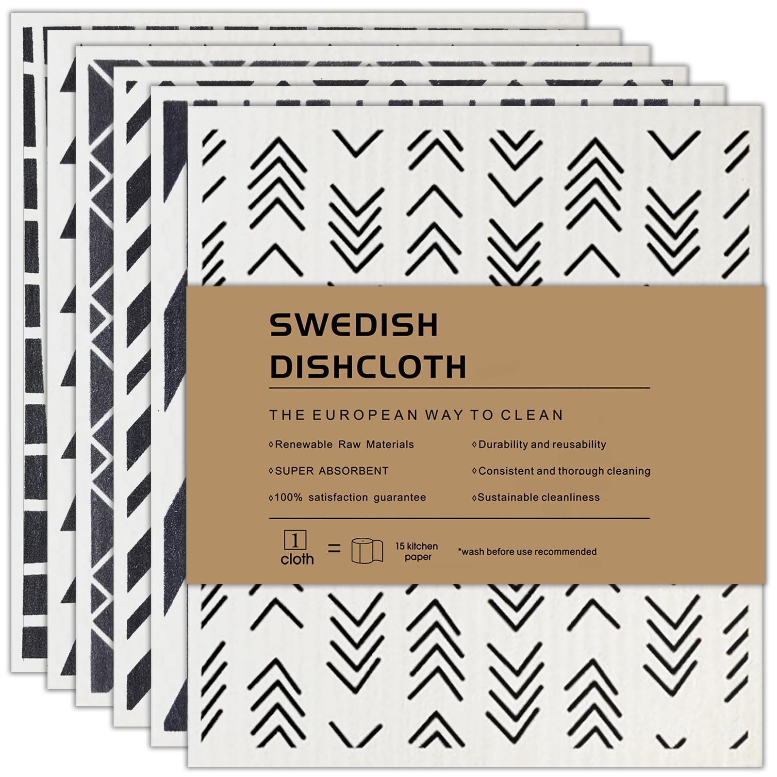 AlGuirnex Swedish Dishcloth Set of 6 - Reusable Dish Cloths 100% Biodegradable & Compostable Sponge Cloths, Food-Safe & Plastic-Free Kitchen Cloth Suitable for Any Surface (Geometric)