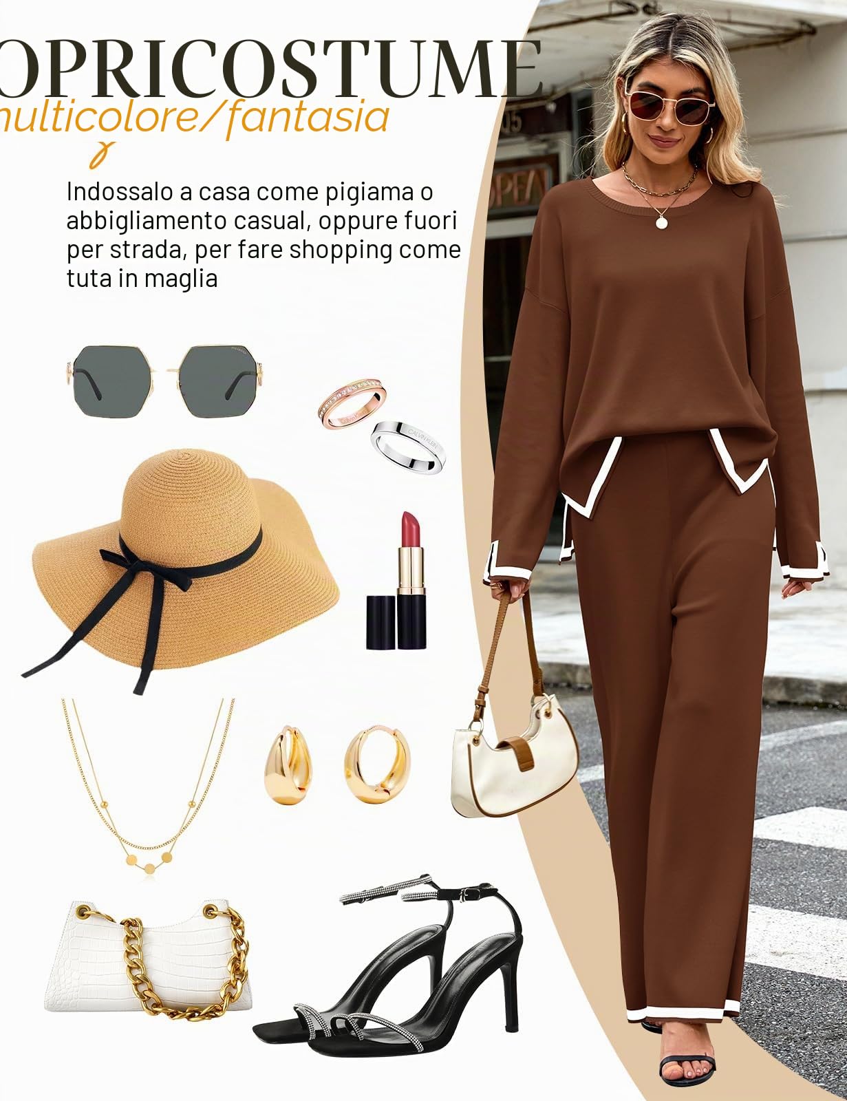 CMTOP Tuta Donna Completo Elegante 2 Pezzi Casual Tute da Ginnastica Tailleur Girocollo Maglia a Maniche Lunghe e Pantaloni a Gamba Larga Autunnale Invernale Completi Per La Casa