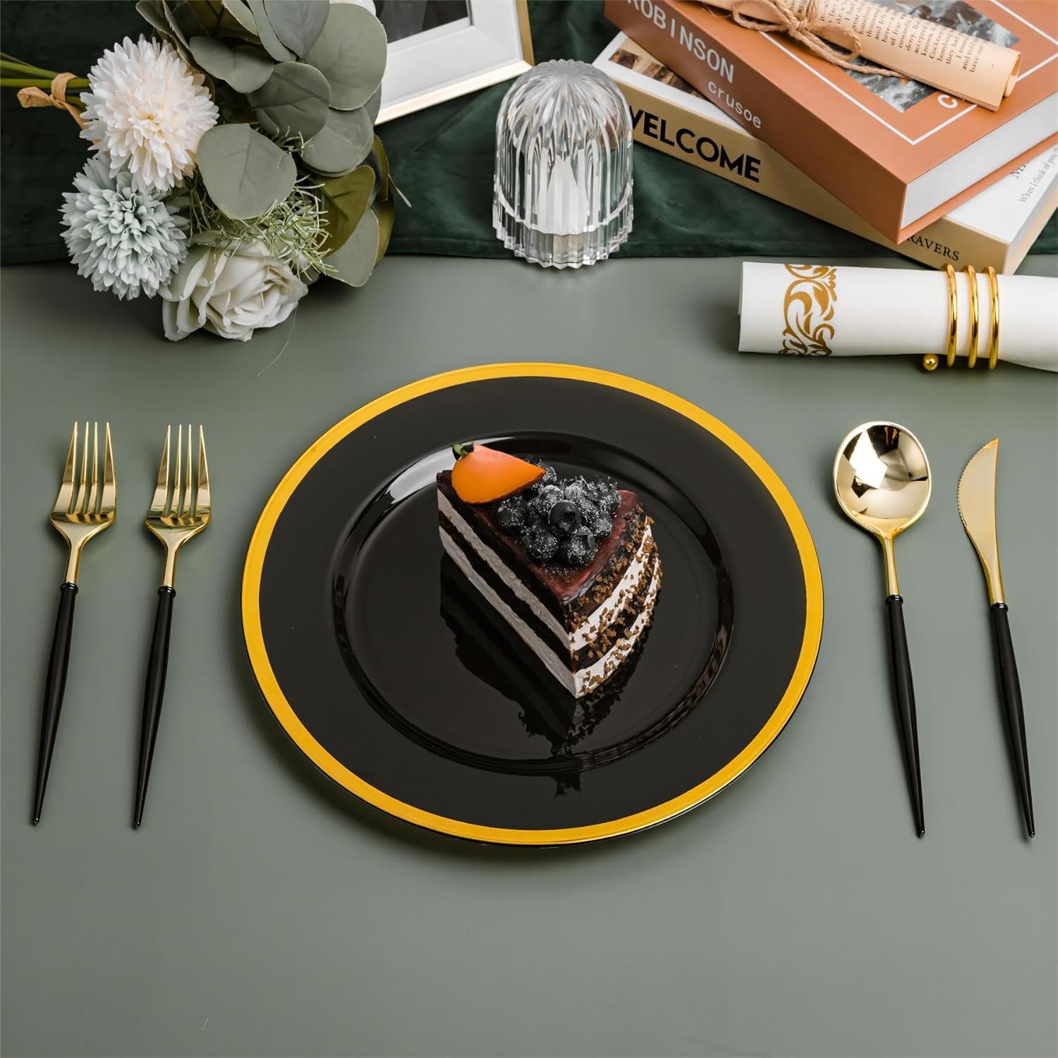 N9R 150Pcs Gold Plastic Silverware - Gold Disposable Cutlery Set with Black Handles with 50 Forks, 50 Spoons and 50 Knives - Perfect for Parties,Halloween, Birthdays, Wedding and Everyday Use