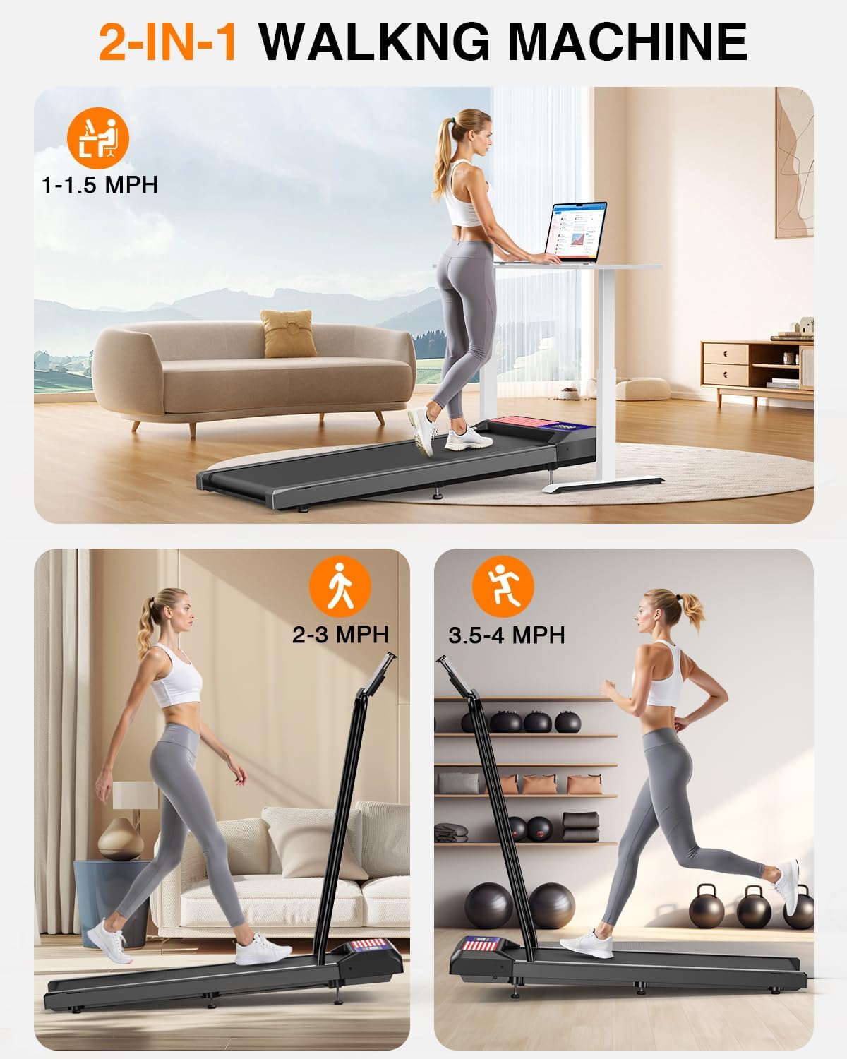 Walking Treadmills Pad with Handles,Under Desk Treadmills with Removable Handle 2.5HP for Home and Office, 270Lbs Capacity Walking Treadmill with APP &Remote Control, LED Display image 5