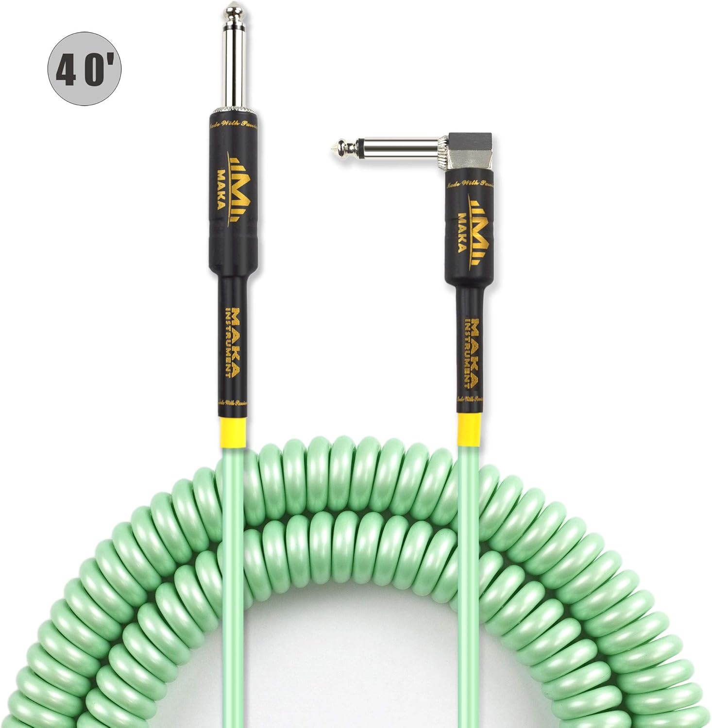 Premium Guitar Coil Cable 40 Feet, Instrument Coiled Curly Cord for Guitar Bass, 1/4 inch Right Angle to Straight, Surf Green