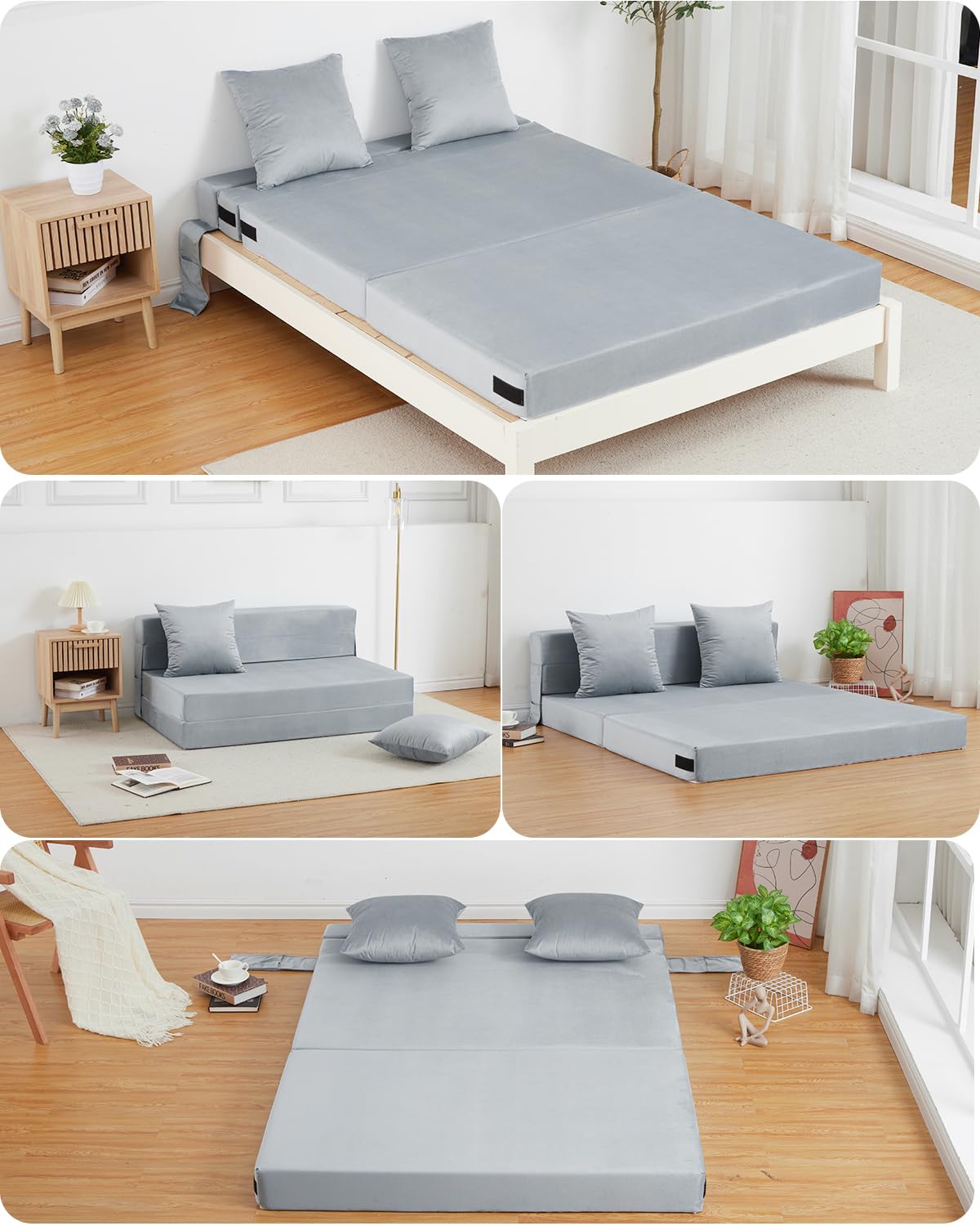 HAUSPROFI Sofá Cama 2 Plazas, 140x200 cm Cama Plegable con Funda Terciopelo Y 2 Cojines, Funda Extraíble Lavable, Colchón Plegable Espuma Poliuretano Alta Elasticidad (Gris)