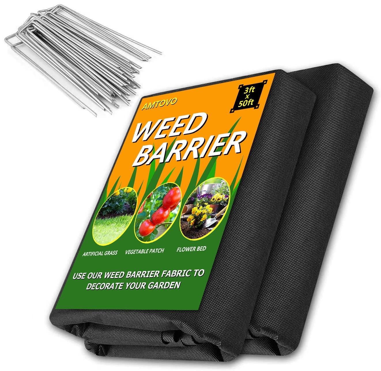 AMTOVO Heavy Duty Garden Weed Barrier Fabric, Garden Landscape Fabric Weeds Control for Flower Bed, Mulch, Edging, Garden Stakes and Other Outdoor Projects 3ft x 50ft with 50PCS Pins(2)