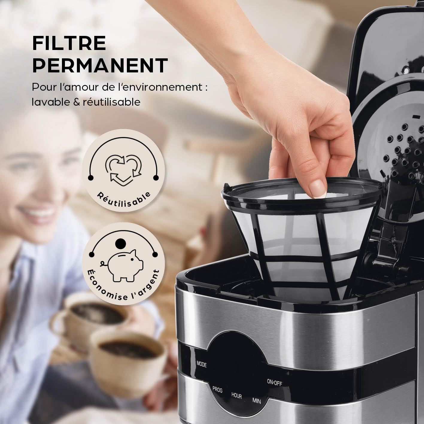 Barista Cafetière filtre avec thermos | Minuteur 24h & filtre permanent | Pour 8 tasses de café | Cafetière pour poudre [Acier inoxydable]