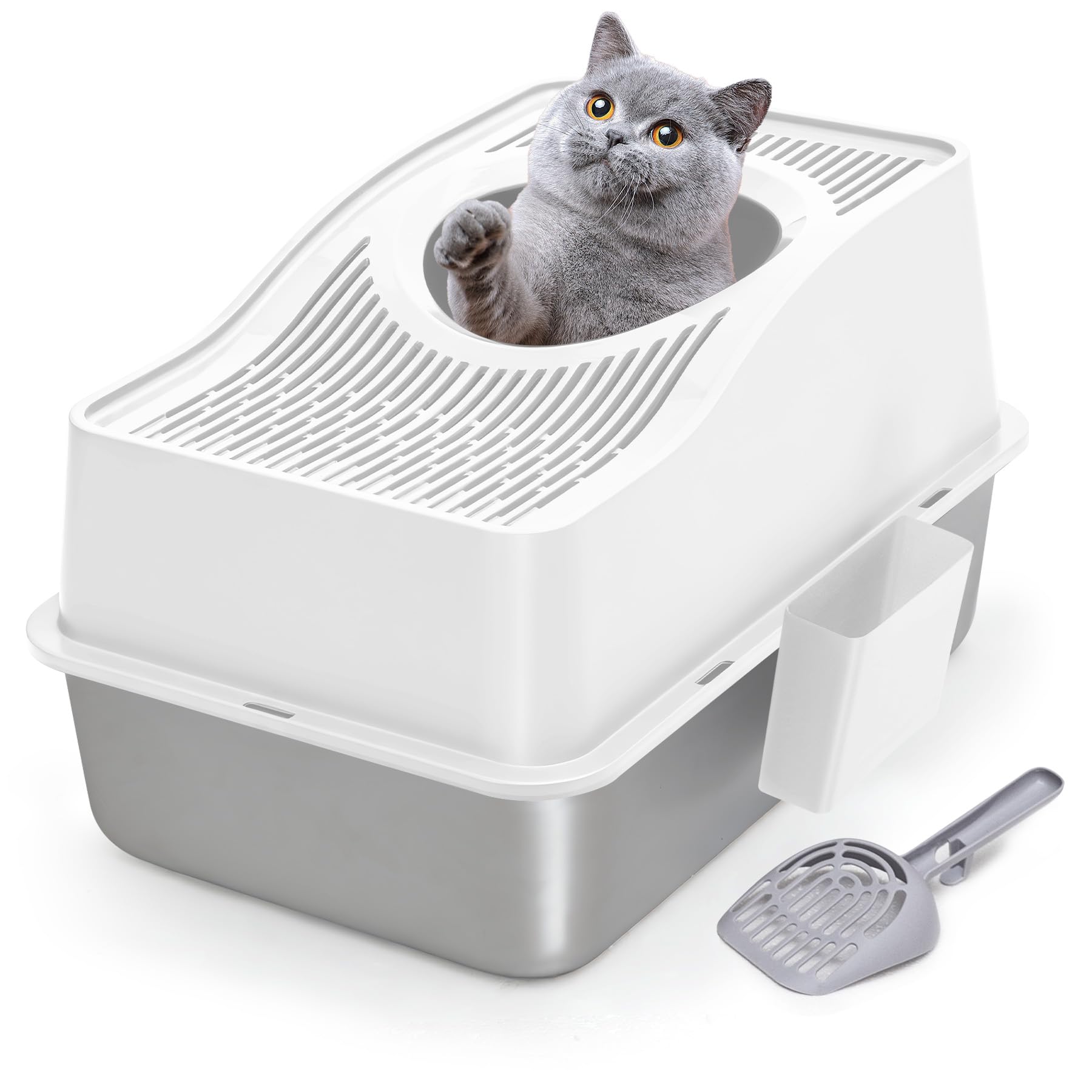 Top Entry Cat Litter Box with Lid, Stainless Steel Enclosed Cat Kitty Litterbox, Top Opening Large Enclosure Metal High Side Litter Pan Tray Box Dog Proof, Easy Cleaning, White
