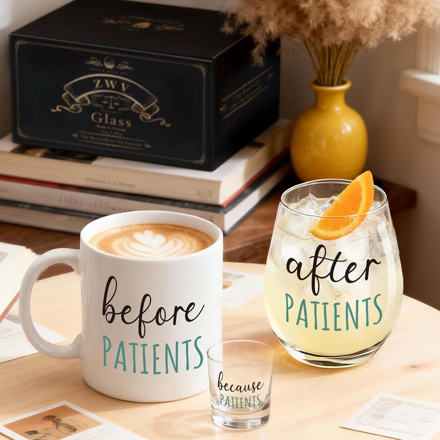 Before Patients After Patients Gift Set, Coffee Mug and Stemless Wine Glass Shot glass Candle gifts set Idea for Nurses, Doctors, Dentists Graduation Birthday and Appreciation Gifts -148