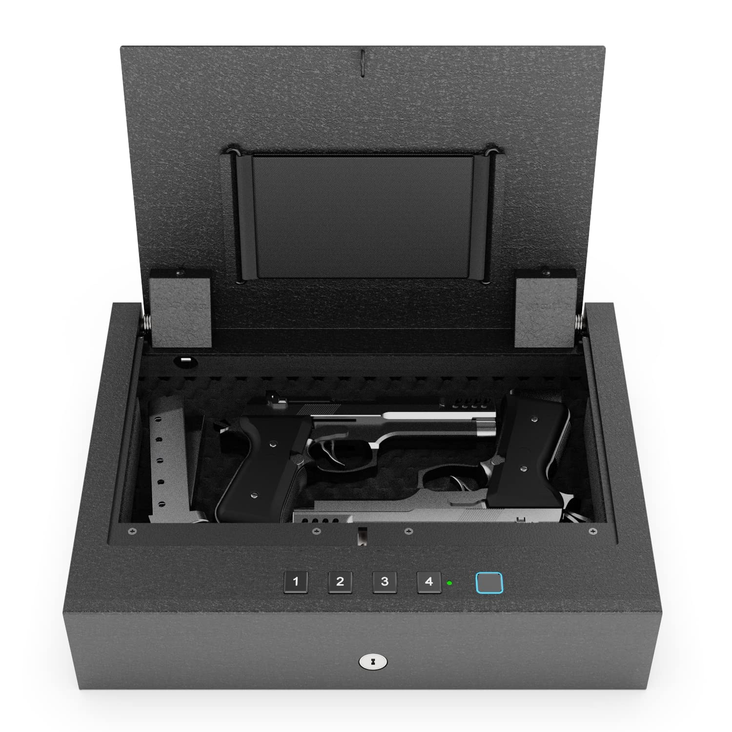 Biometric Two-Pistol Size Hand Gun Safe with Digital Keypad Passcode, Backup Key, Mags Pouch - Secure Your Firearms & Valuables with Ease, Quick Access, 14.7”(L) x 11.3”(D) x 3.5”(H)