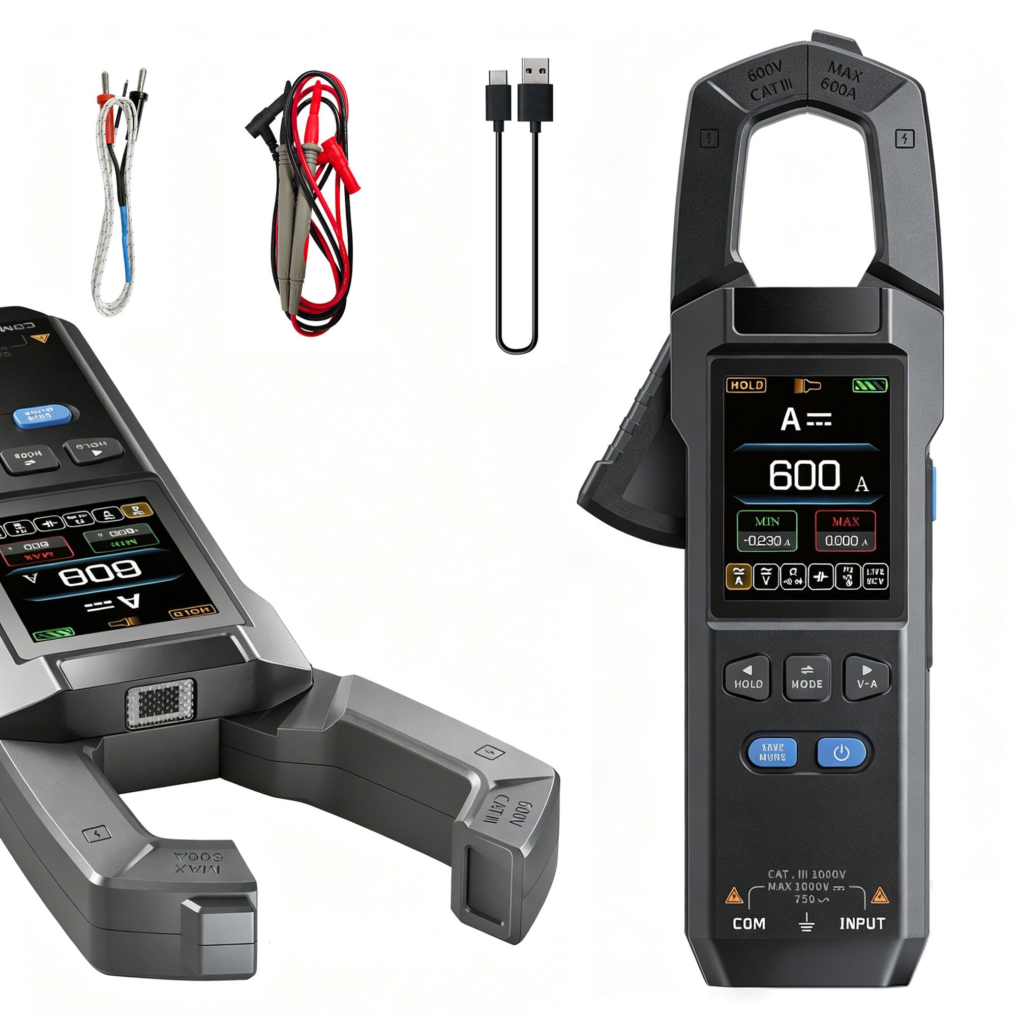 DMC-100 Pinza amperometrica CA/CC, 10000 Conteggi TRMS Multimetro Digitale, 600A Amperometro Ricaricabile con Registrazione Della Curva, Torcia Elettrica, Misura NCV, Resistenza, Capacità, Temperatura