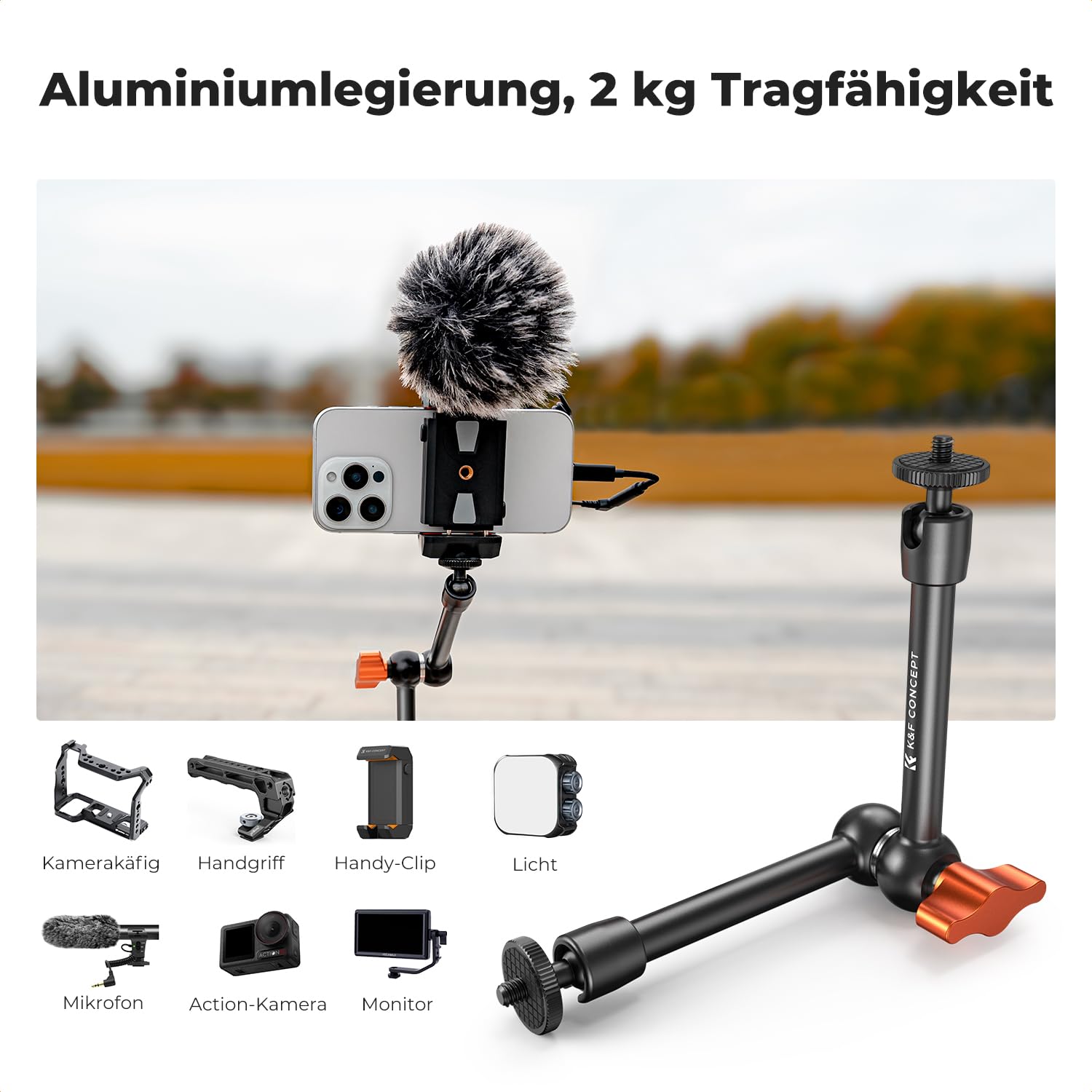 K&F CONCEPT 9,8 Zoll Magic Arm mit Super Clamp, Kamera Halterung für Käfig Monitor LED Licht Action-Kamera, 2 KG Belastung