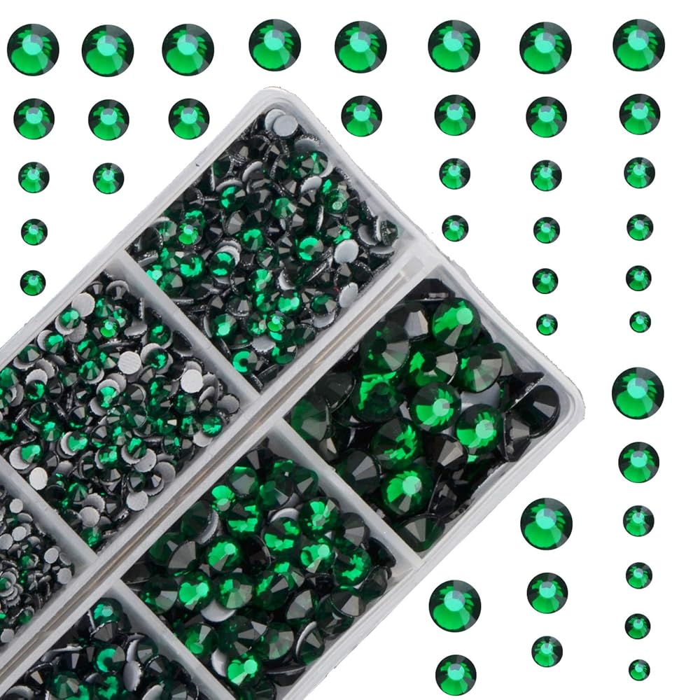 10000Pcs 2-Boxes Mixed Size Hot Fix Round Crystals Gems Glass Stones Hotfix Flat Back Rhinestones with Tweezers and Picking Pencil (Emerald)