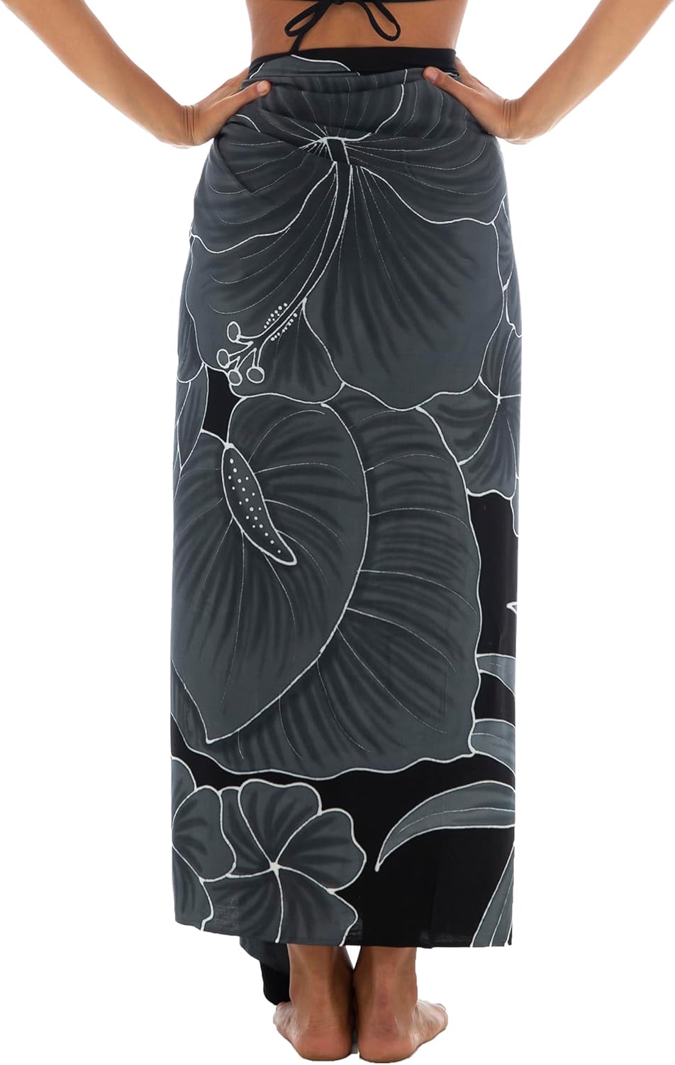 Back From Bali Womens Sarong Coverup Hand Painted Flower Swimsuit Wrap Skirt Beach Pareo with Coconut Clip Charcoal Black - Image 2