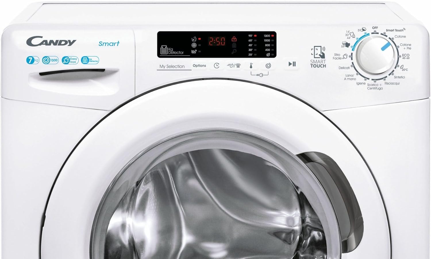 Close-up of Candy CSS4372DW4111 washing machine control panel with dial, buttons, and digital display