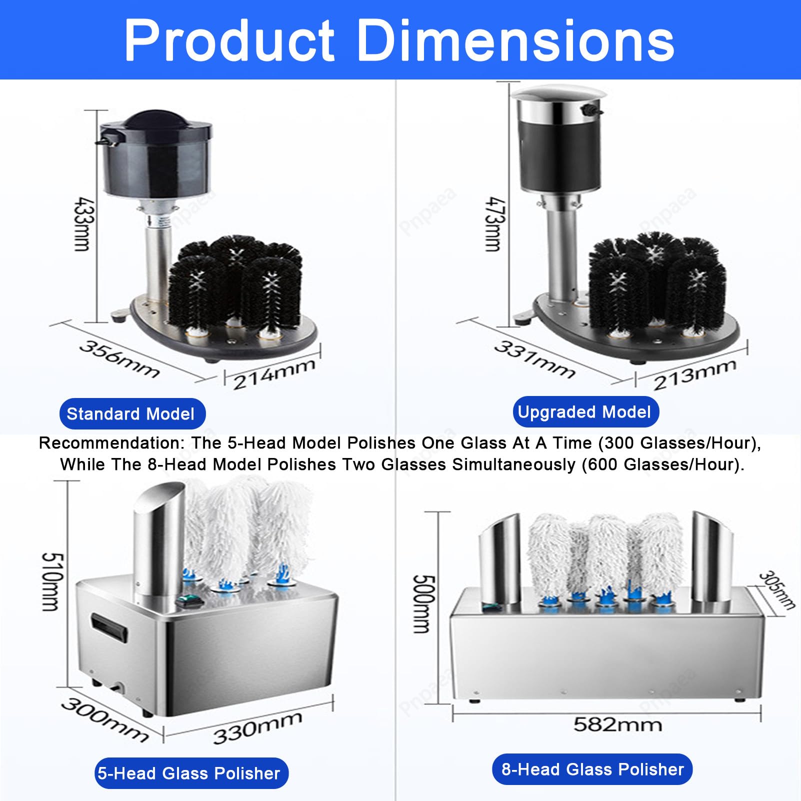 Lave-Verres,Rince Verre éLectrique Professionnel 1200 Verres/H avec 5 Ou 8 Brosses,Automatique, en Acier Inoxydable pour Bars, Restaurants, Pubs ClassicModel
