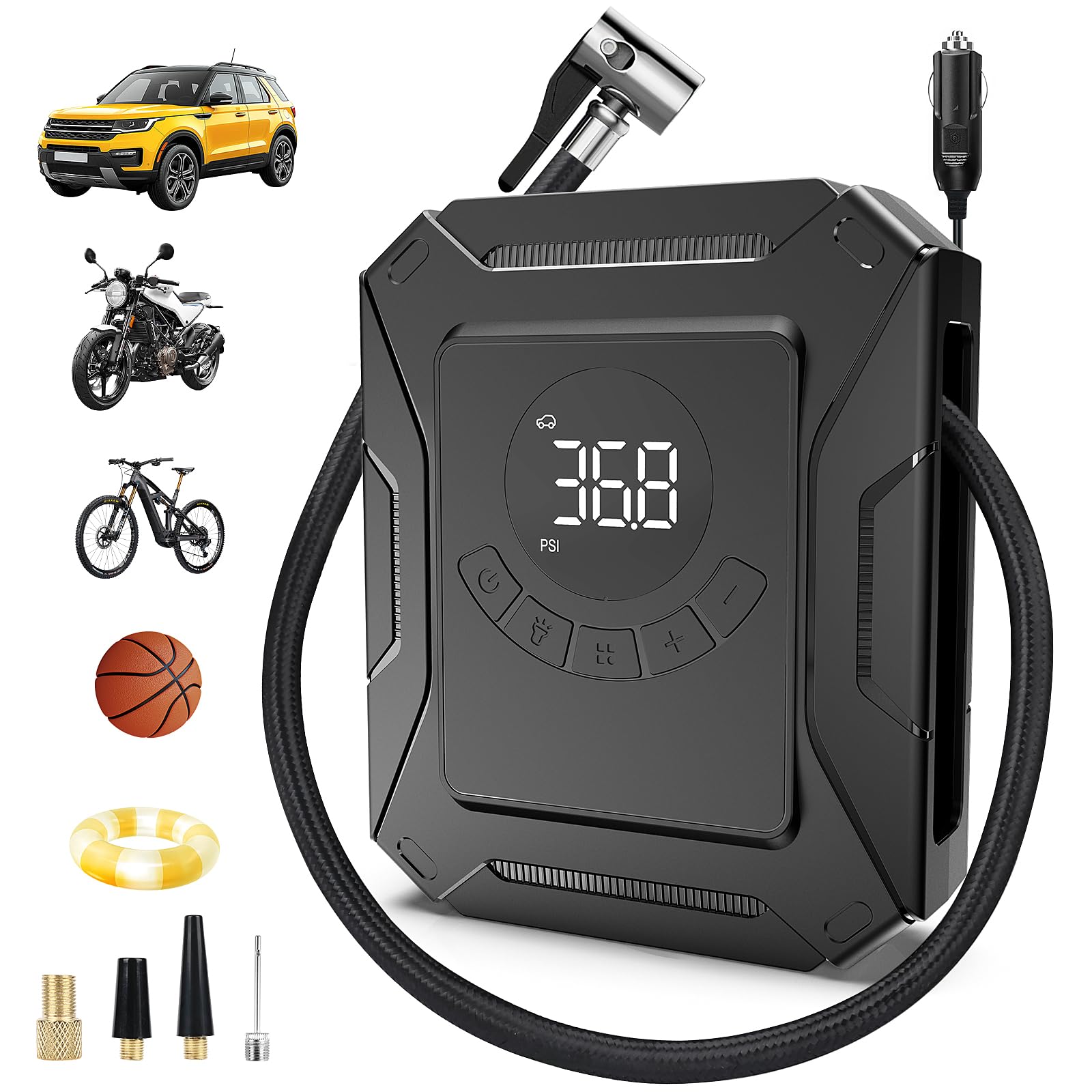 Compresseur Voiture 12V avec Écran LCD, Gonfleur Portable à Arrêt Automatique & Pression Préréglée, Pompe à Air Rapide pour Pneus de Voiture, SUV, Moto, Vélo et Ballons – Accessoire Auto