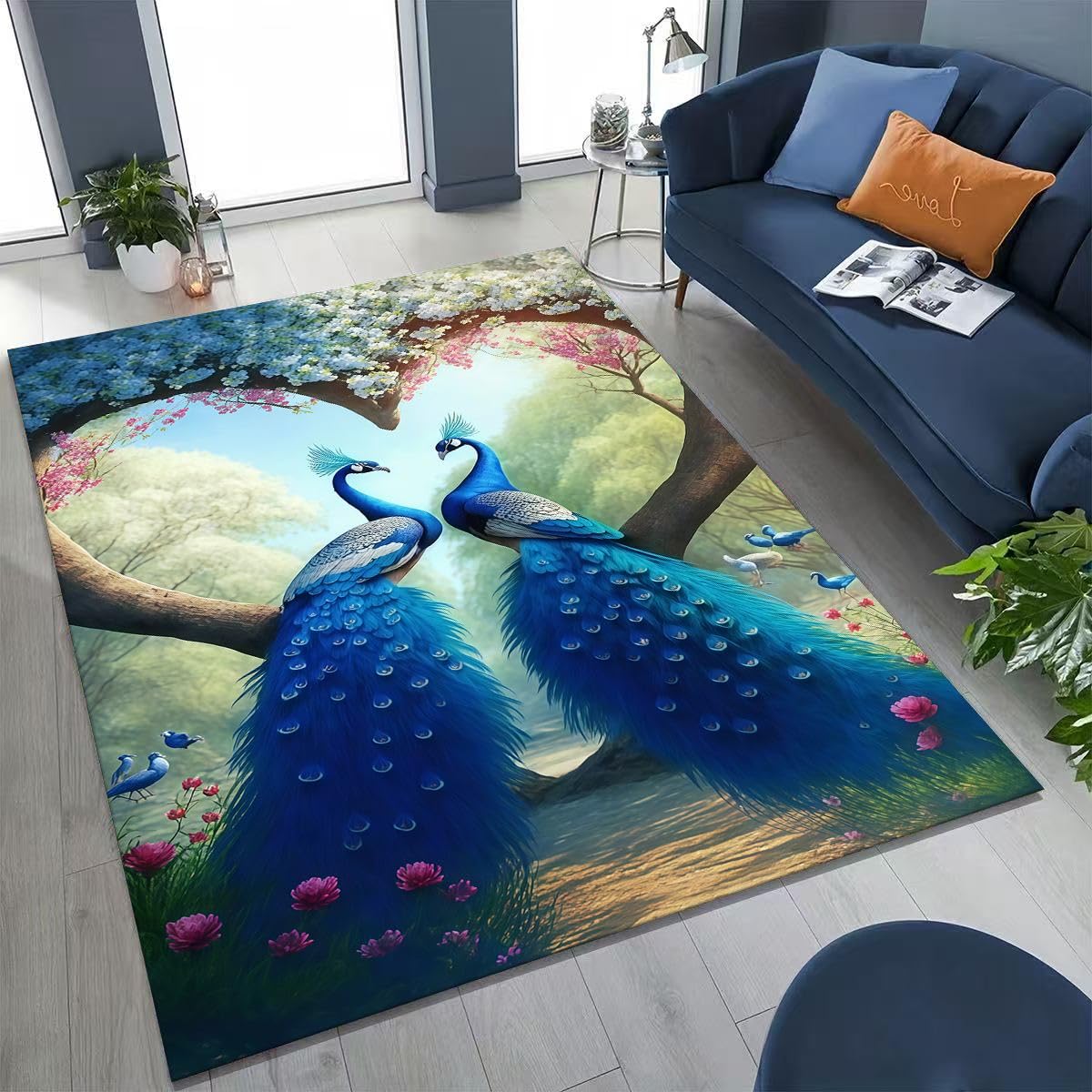 Tapis de sol motif paon 3D un design de luxe pour salon