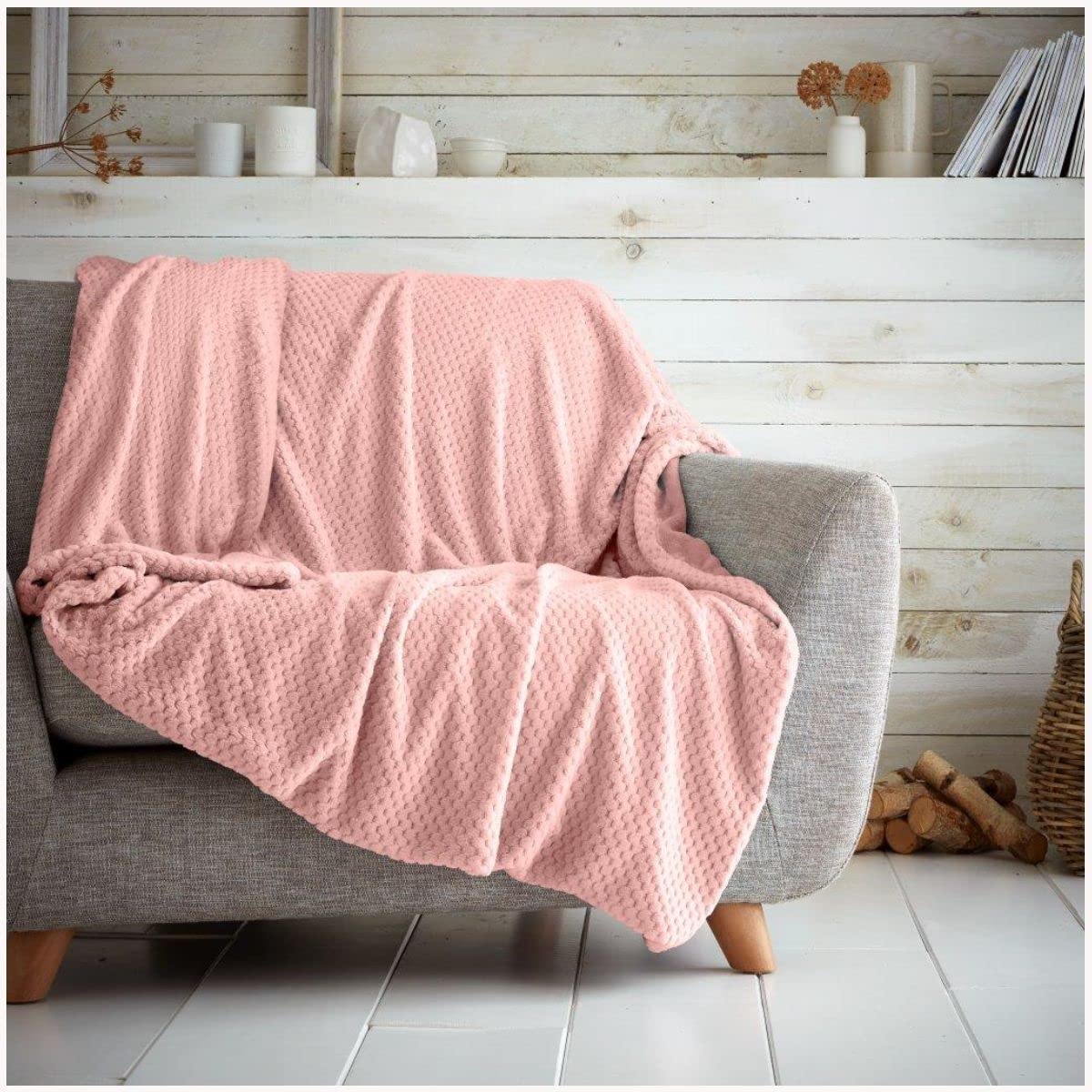 GC GAVENO CAVAILIA Fleece Throw Blanket For Sofa, Warm Fluffy Blankets, Soft Waffle Throws For Bed, Blush Pink, 200X240