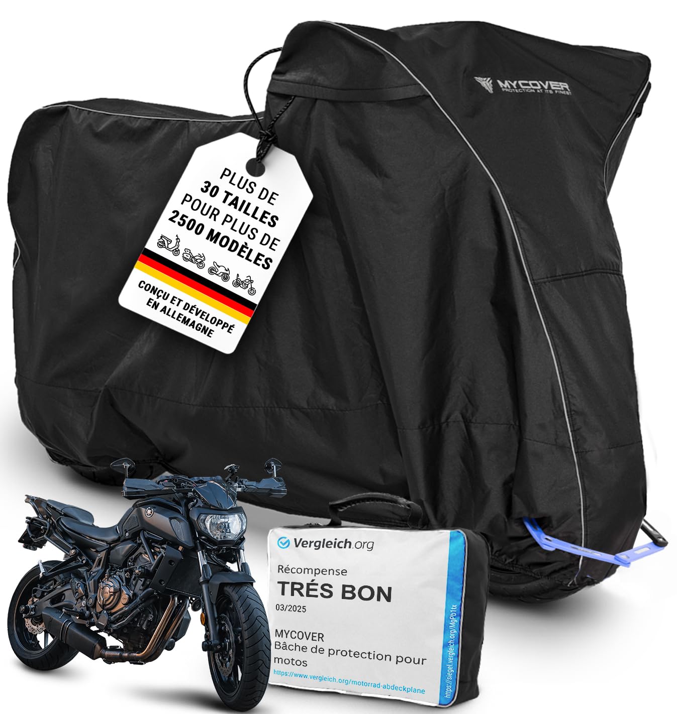 bâche Moto Premium Faite Main - 30 Tailles pour Plus de 2500 modèles - 100% ajustée, étanche, résistante à l'hiver & extrêmement résistante à la déchirure - Taille M+ (L215xB95xH130)