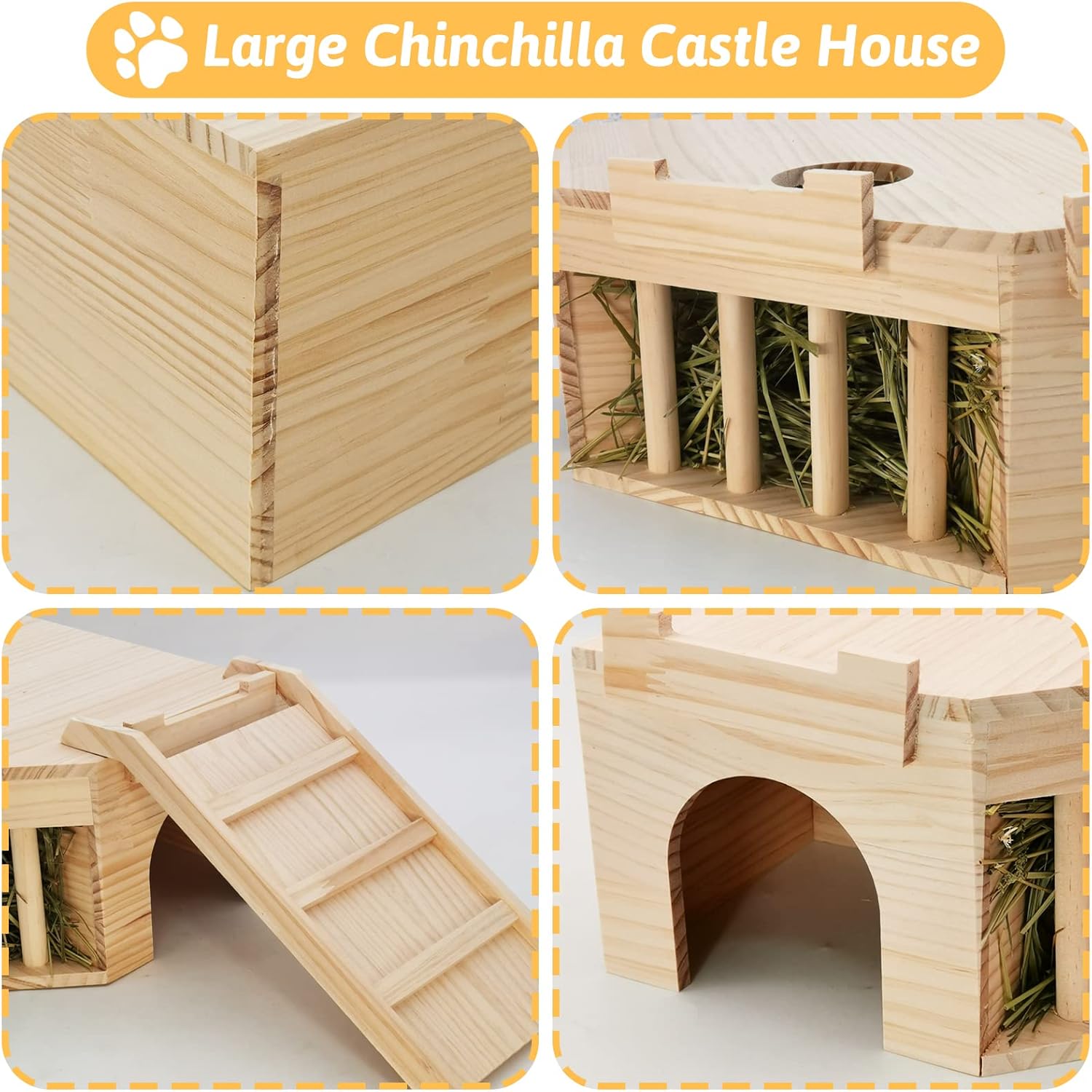 Fhiny Guinea Pig Wooden Castle with Hay Holder, Ventilated Chinchilla Hideout with Feeding Bowl Ladder, Small Animal Multi Chamber Hideaway for Young Guinea Pigs Chinchillas Hedgehogs