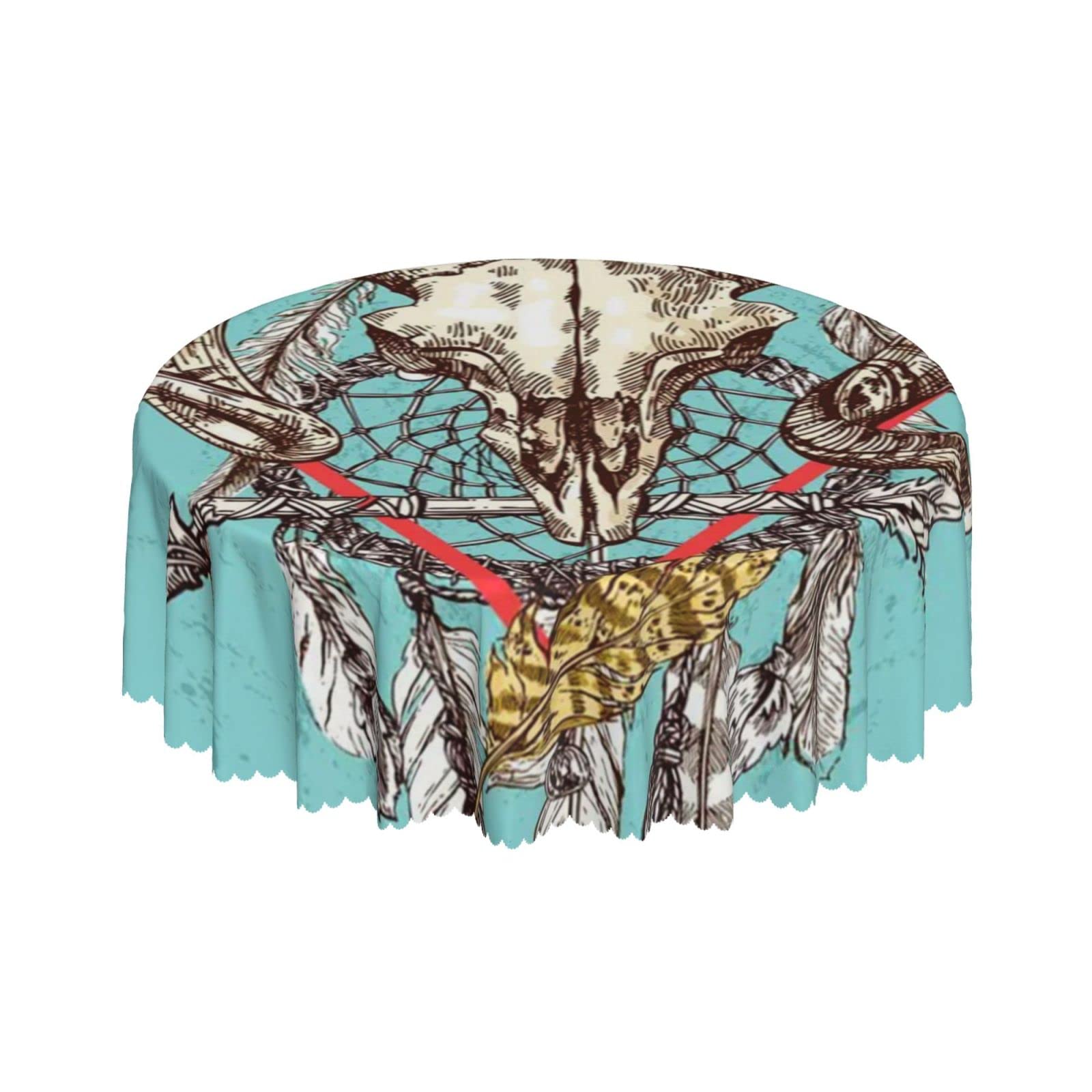 Lsjuee Ram Skull Native American Feather Round Tablecloth 60 Inch Printed Washable Tablecloth for Dining Party Holiday Fall Home Decorative