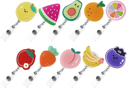 IUAQDP 10 Pieces Cute Fruit Retractable Badge Reel Holder, Funny Cartoon Food Name Tag Pull Badge Clip with Swivel Clip for Nurse Student Teacher Worker Volunteer Dietitian, 25.6IN Pull Cord
