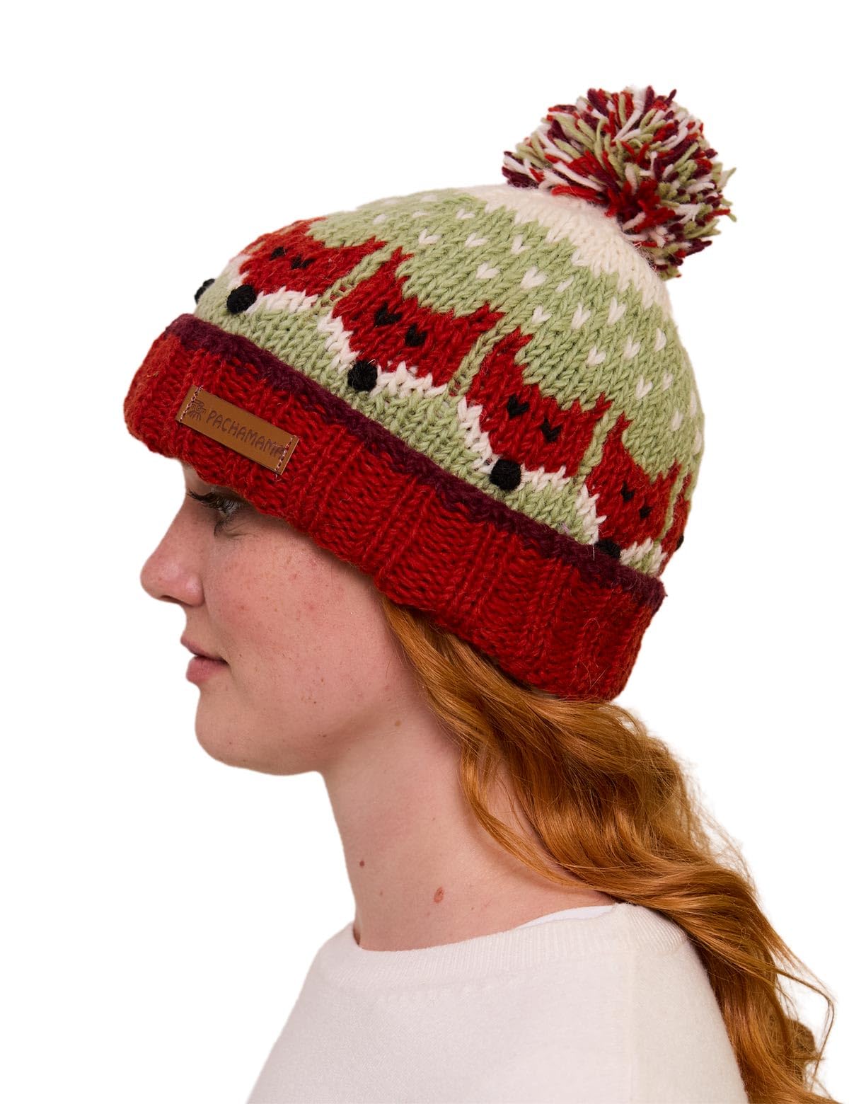 Pachamama Damska wełniana czapka typu beanie bobble sherpa polarowa podszewka zwijana tył ręcznie robiona urocza lisa wzór brązowy zielony jeden rozmiar ręcznie robiona bardzo ciepła sprawiedliwy