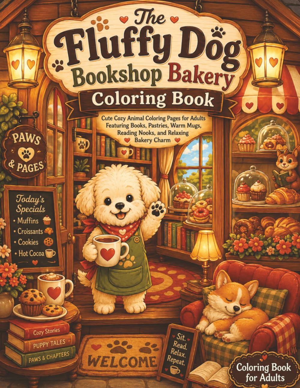 The Fluffy Dog Bookshop Bakery Coloring Book: Cute Cozy Animal Coloring Pages for Adults