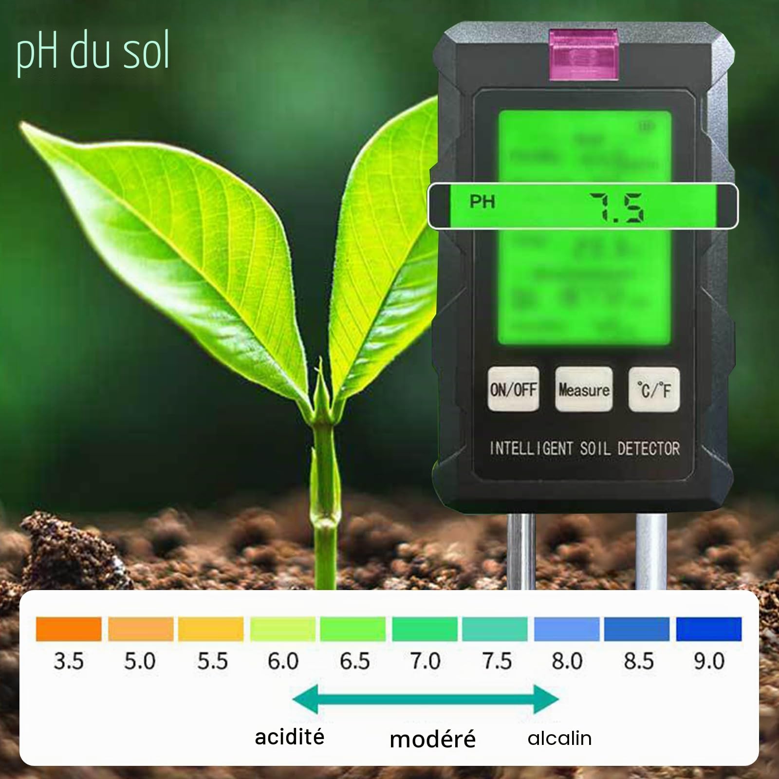 Testeur de pH du Sol 6 en 1, Hygrometre Plante pour Sol/humidité/ph/température/lumière/humidité ambiante, avec Double Sonde et Pliable à 90 ° écran LCD pour jardin pelouse et plantes d'intérieur