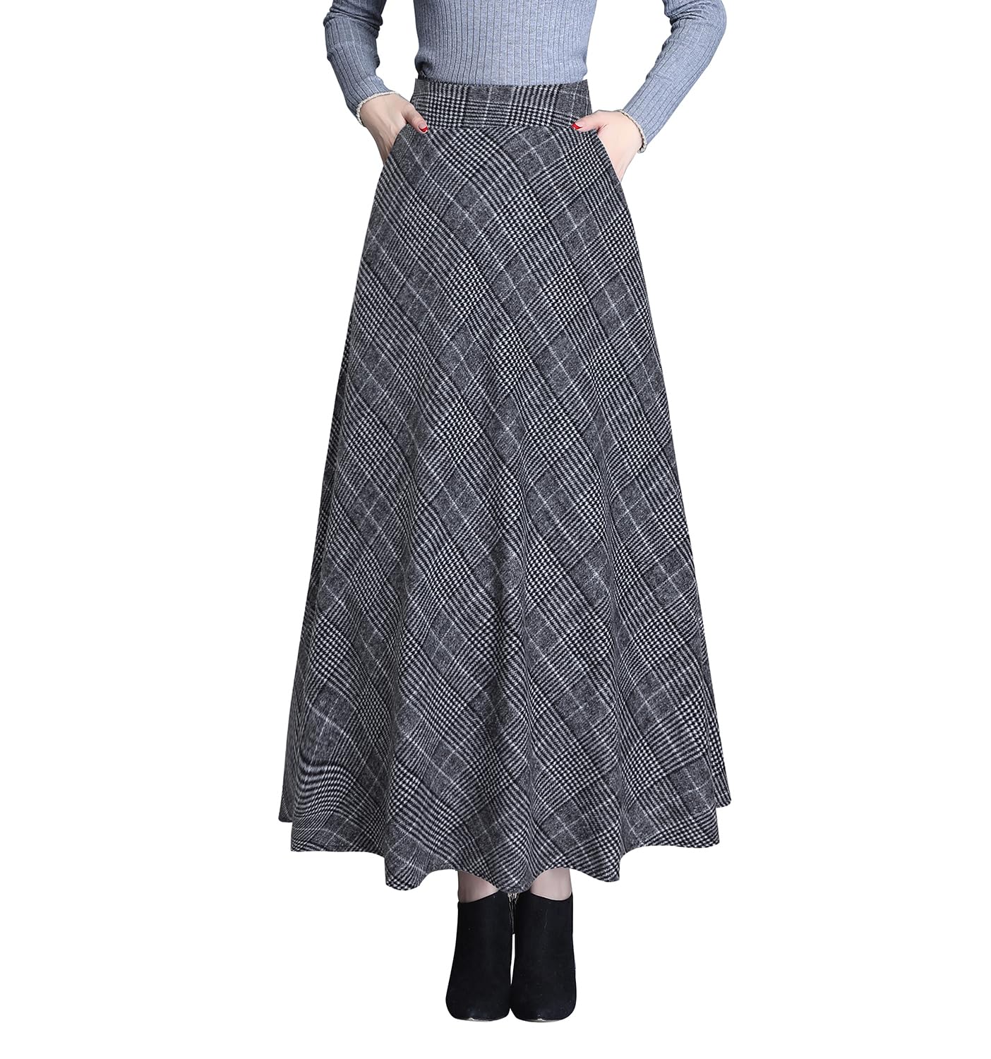 Jupe Longue Femme Hiver Laine Taille Haute Carreaux Trapèze Skirts | Jupe ecossaise femme au style rétro, 20 couleurs au choix, avec poches profondes et doublure douce.