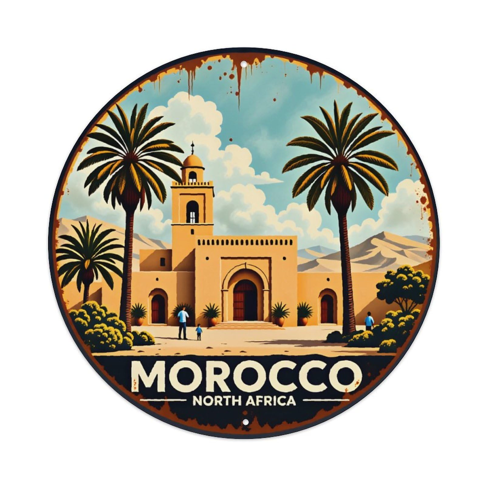 Ldfuieksufg Style Morocco North Africa Vintage Round Landscape Metal Sign Vintage Aluminium Metal Sign, Retro Wall Decor For Home, Bar, Garage & Farmhouse 20X20cm