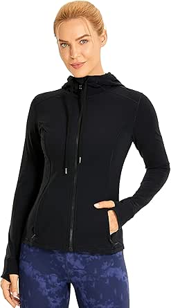 CRZ YOGA Women's Brushed Full Zip Hoodie Jacket Sportswear Hooded Workout Track Running Jacket with Zip Pockets