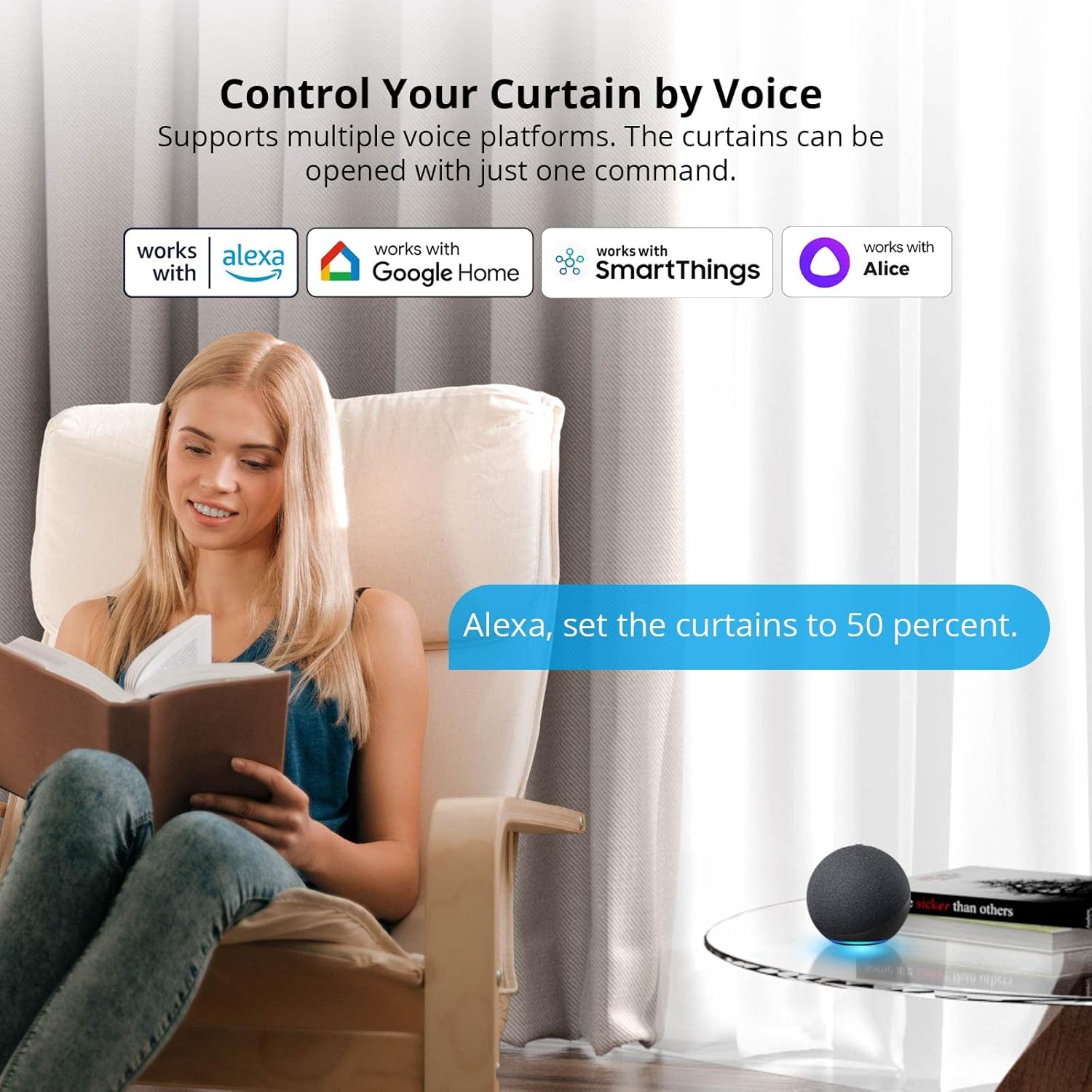 Woman using voice control with an Amazon Echo device to control curtains