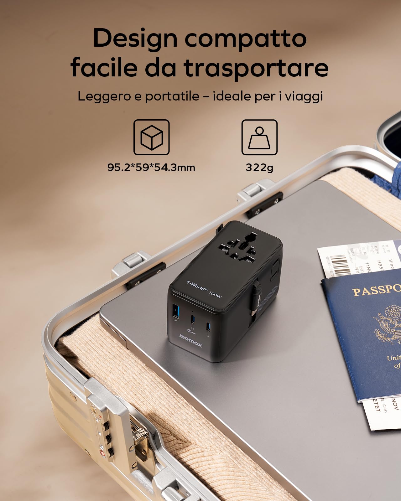 MOMAX Adattatore da viaggio universale da 100 W con cavo estensibile, spina da viaggio universale con 2 prese CA, 3 porte USB C e 1 porte USB A, adattatore da viaggio internazionale - Nero