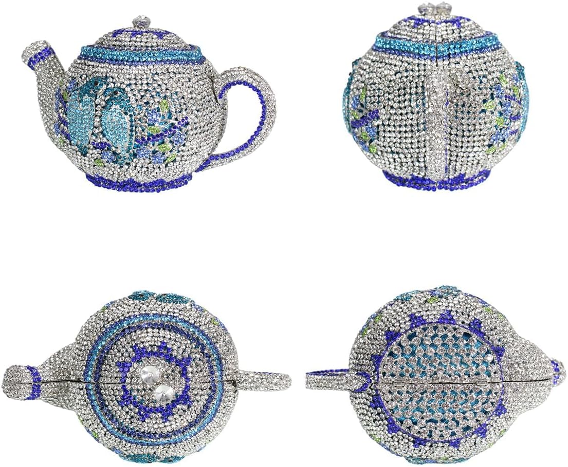 Funny Teapot Rhinestone Evening Bag Sparkly Birds Floral Diamond Crystal Clutch Purse for Women Evening Party
