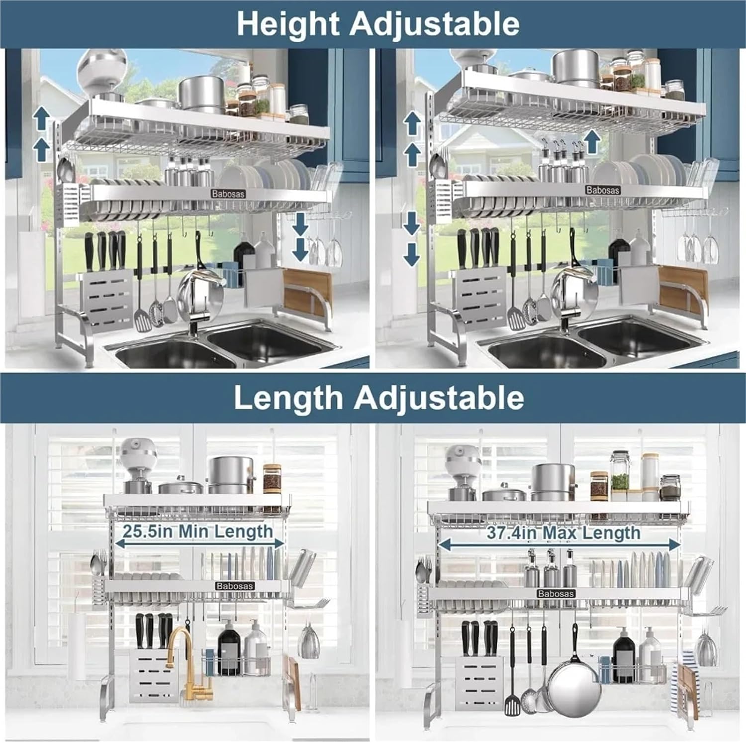 Over The Sink Dish Drainer Drying Rack,3 Tier Adjustable Length (25.5'' to 37.4'') Full Stainless Steel Large Storage Kitchen