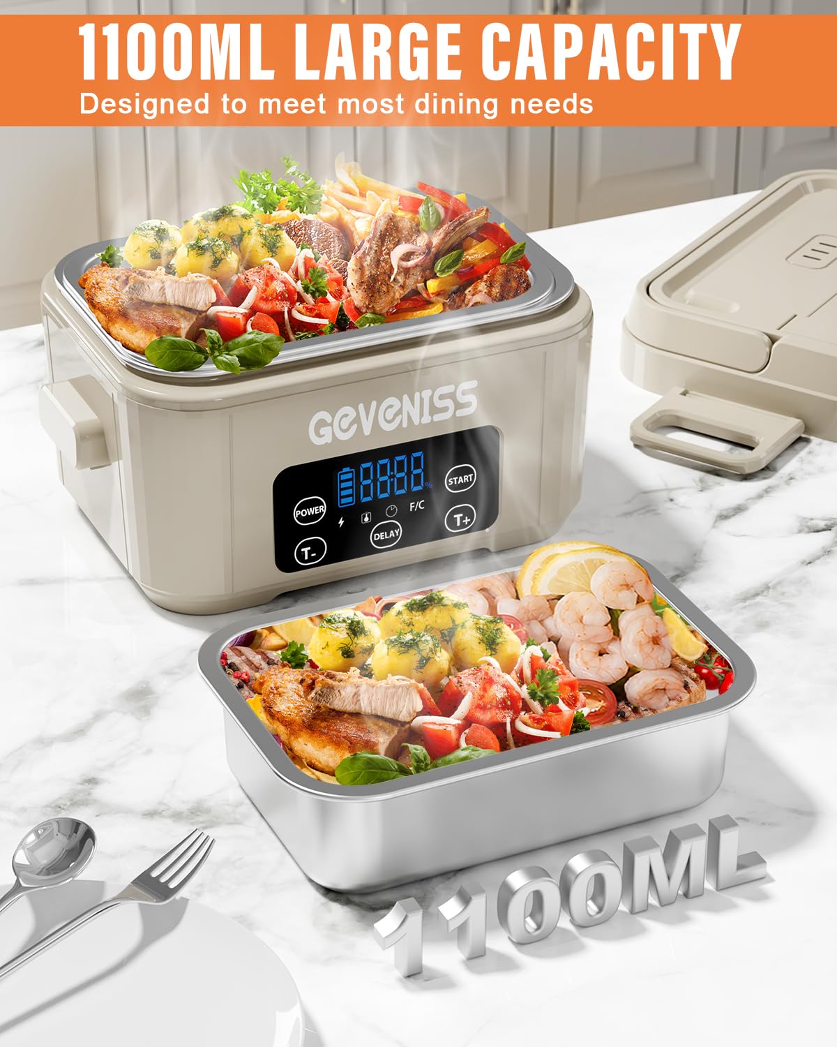 Geveniss Lonchera eléctrica inalámbrica para adultos, lonchera térmica con recipiente SS de 1100 ml, calentador de alimentos alimentado por pilas con tapa a prueba de fugas, calentamiento rápido de