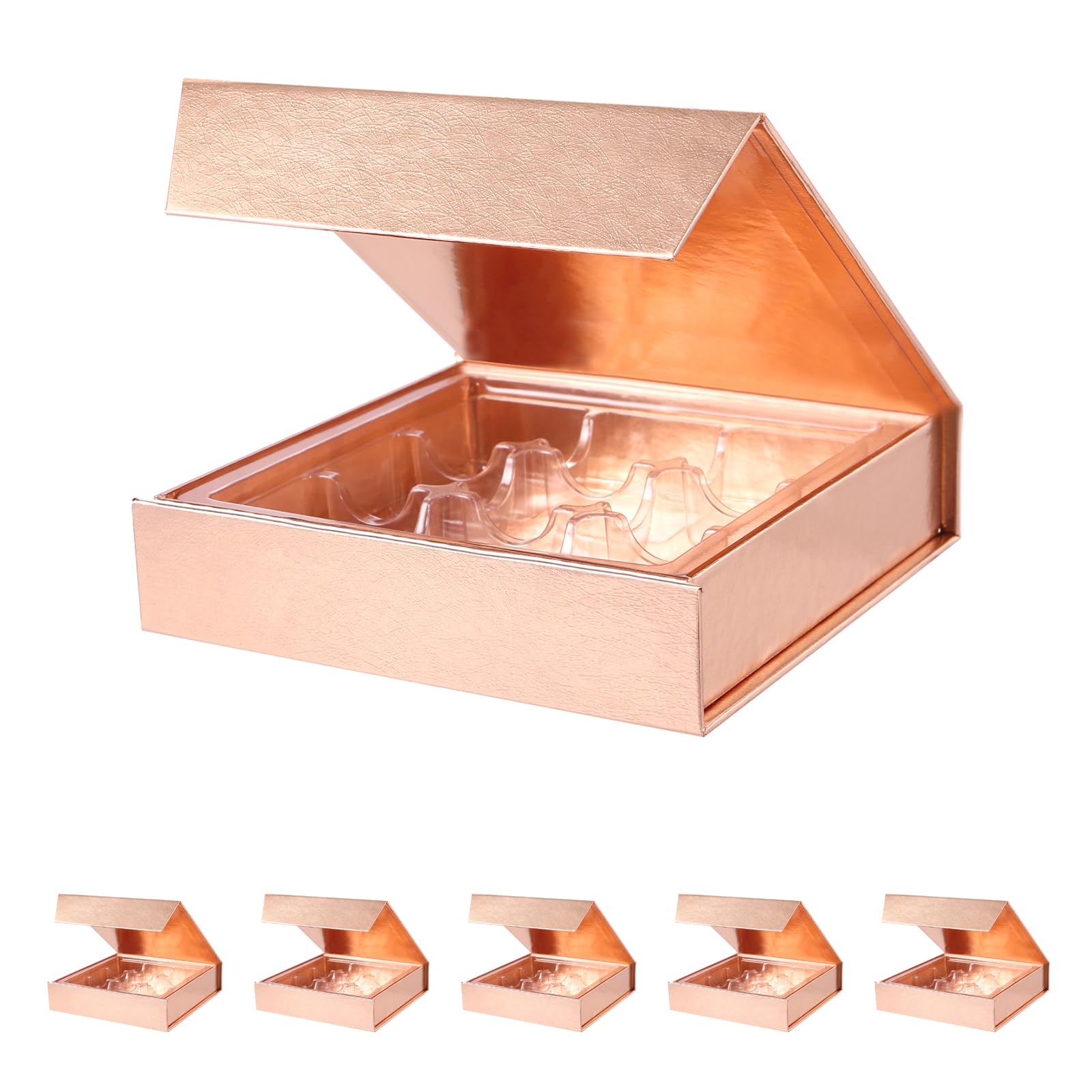 BAKIPACK Rose Gold Truffle Gift Boxes Set of 6 with 9-Piece Plastic Tray, Magnetic Closure, 5.7" x 5.7" x 1.3" for Chocolate, Candy, Formal Events, Special Occasions