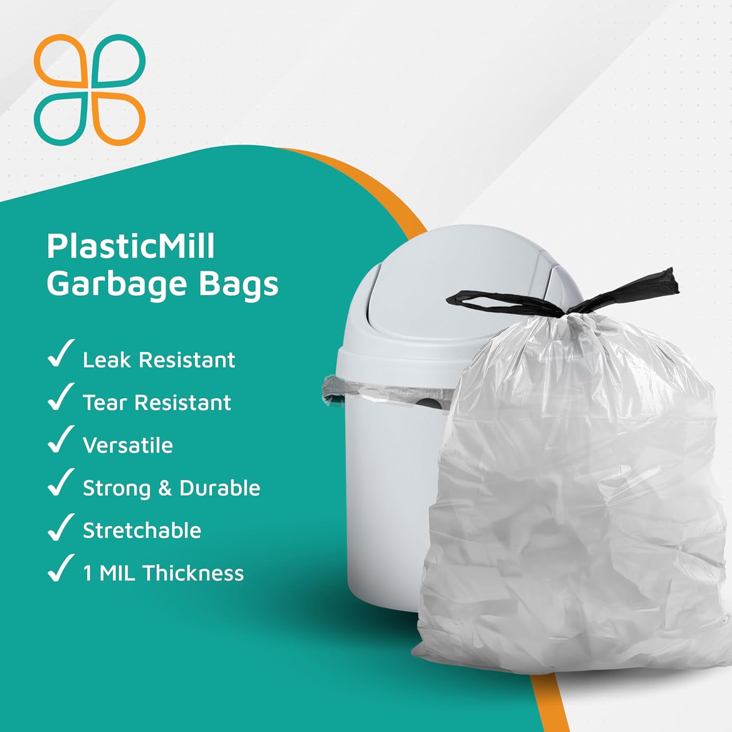 PlasticMill Drawstring Trash Bags - White Garbage Bags - Plastic Trash Bags - Kitchen, Bathroom, Office Garbage Bags, Trash Can Liners - 5-Gallon Small Trash Bags, 1 Mil, 17"x20" (200-Count)