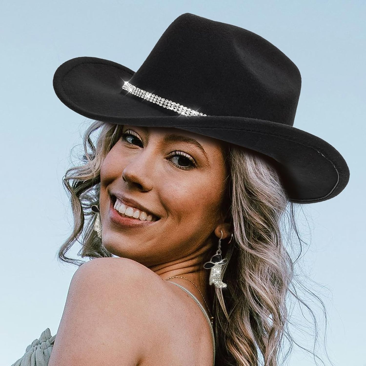 Cowboy Hat Rhinestone Cowgirl Boots Earrings Set Western Earring Felt Fedora Jazz Hat Rodeo Outfit for Women Size M