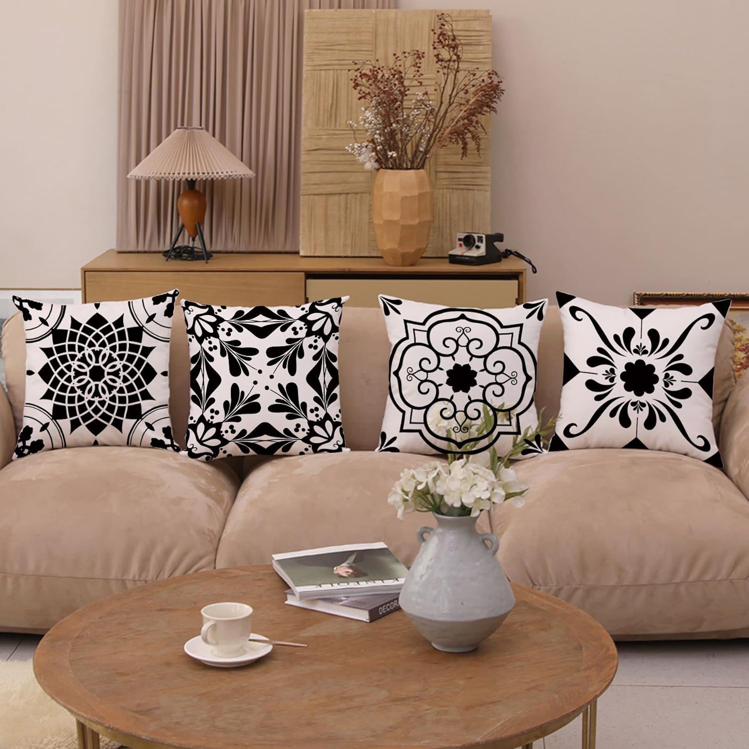 Geometric Black Flower Decorative Throw Pillow Covers 22 x 22 Inch, Set of 4 Abstract Black Flower Cushion Cover Square Pillow Cases for Couch Patio Sofa Home Decor